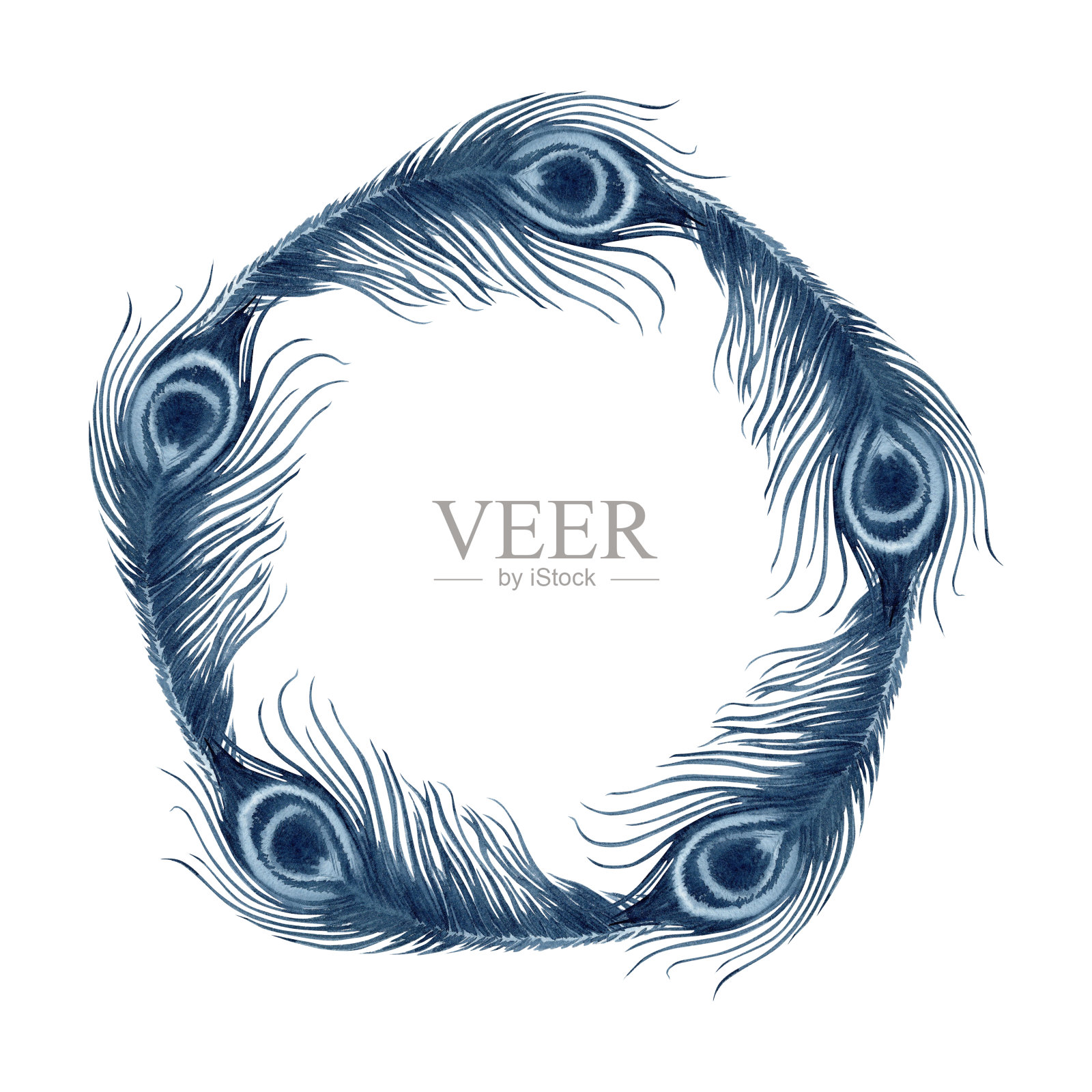 孔雀羽毛花环。手绘水彩插图孤立的白色背景。靛蓝色单色美丽和财富的象征。圆形框架标志，卡片和邀请，时装设计插画图片素材