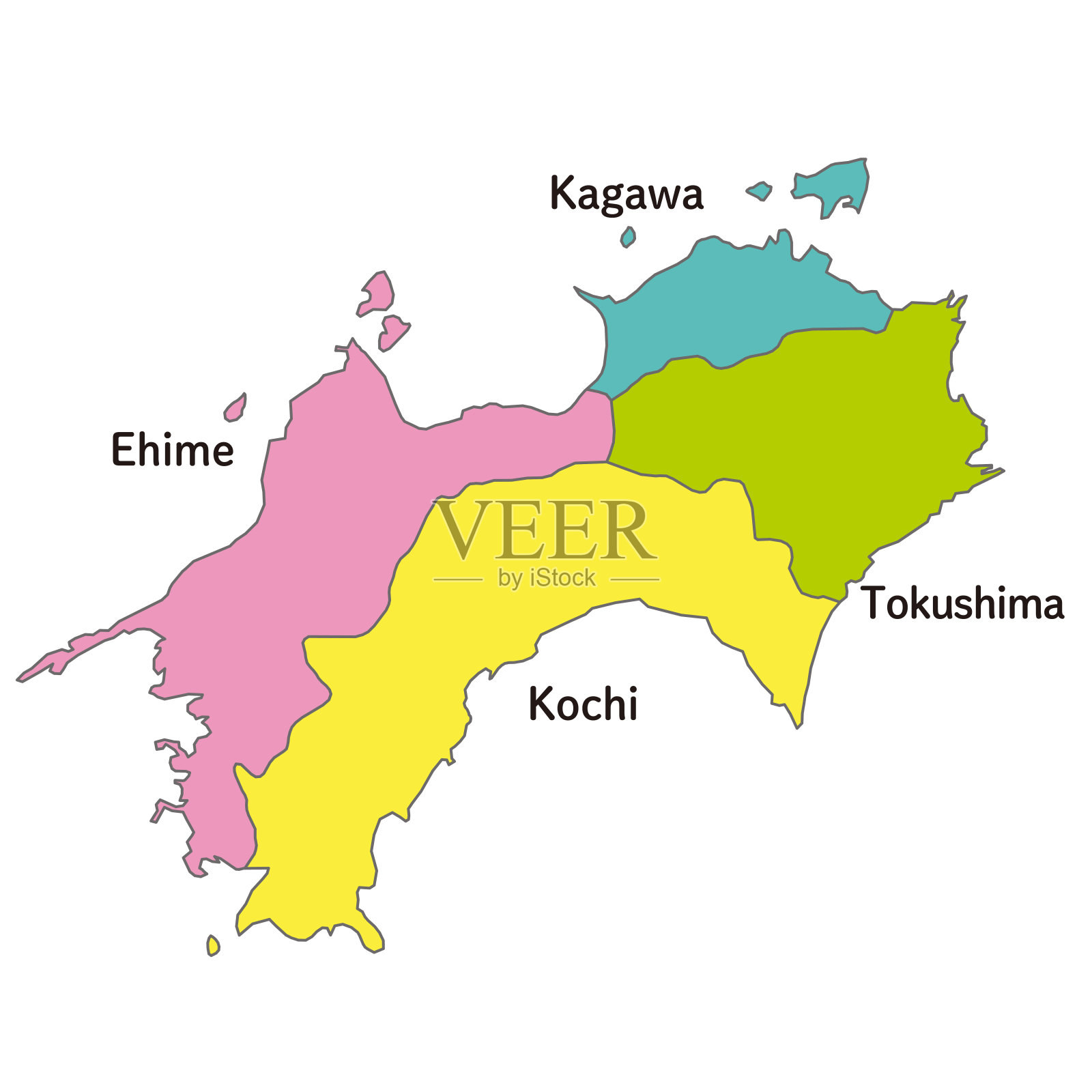 四国地区的每个县的地图，用英文的县名，图标风格插画图片素材