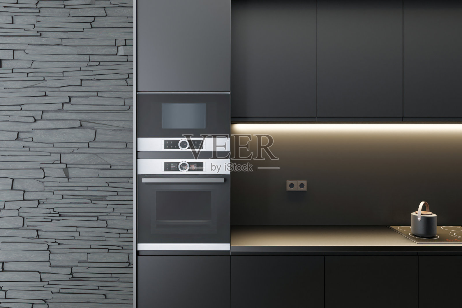 黑色现代极简主义厨房与长岛。黑暗物质。照片摄影图片