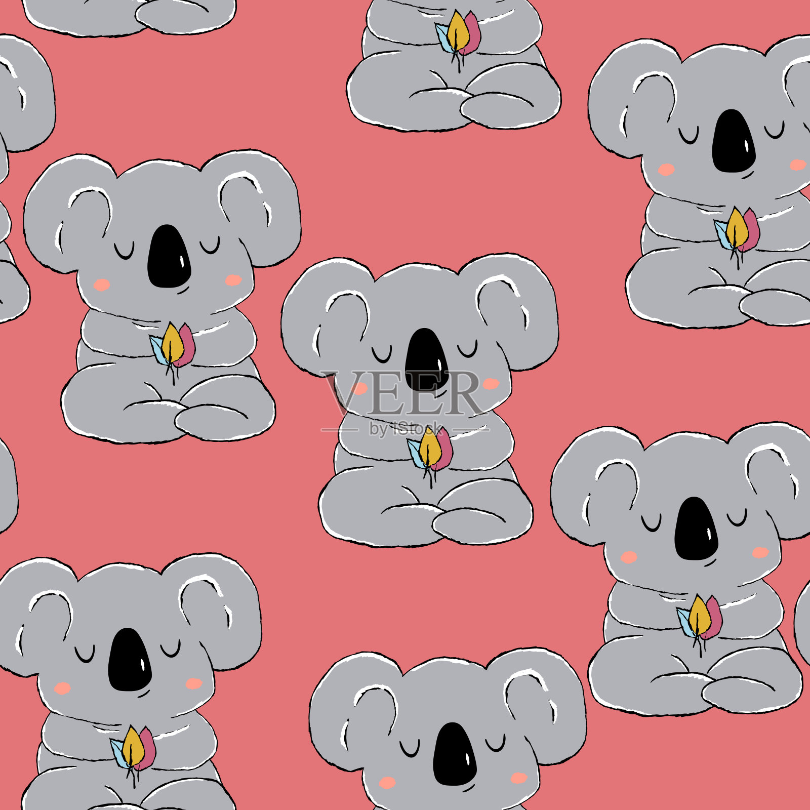 在彩色背景上与可爱的考拉宝宝无缝图案。有趣的澳大利亚动物。卡片，给孩子的明信片。平面矢量说明织物，纺织品，壁纸，海报，纸插画图片素材