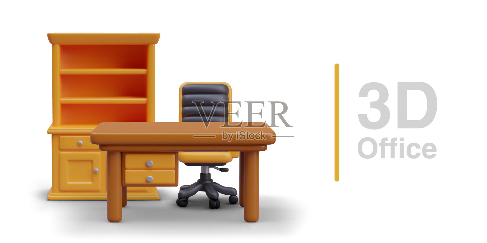 木桌、办公椅、大书架，构图逼真插画图片素材