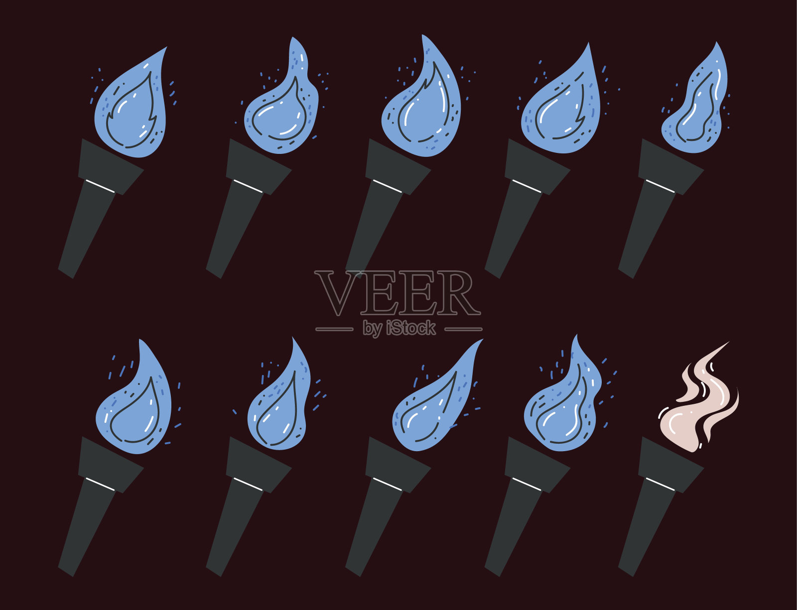 火蓝色燃烧火炬火焰图标隔离集。矢量图形设计插图插画图片素材