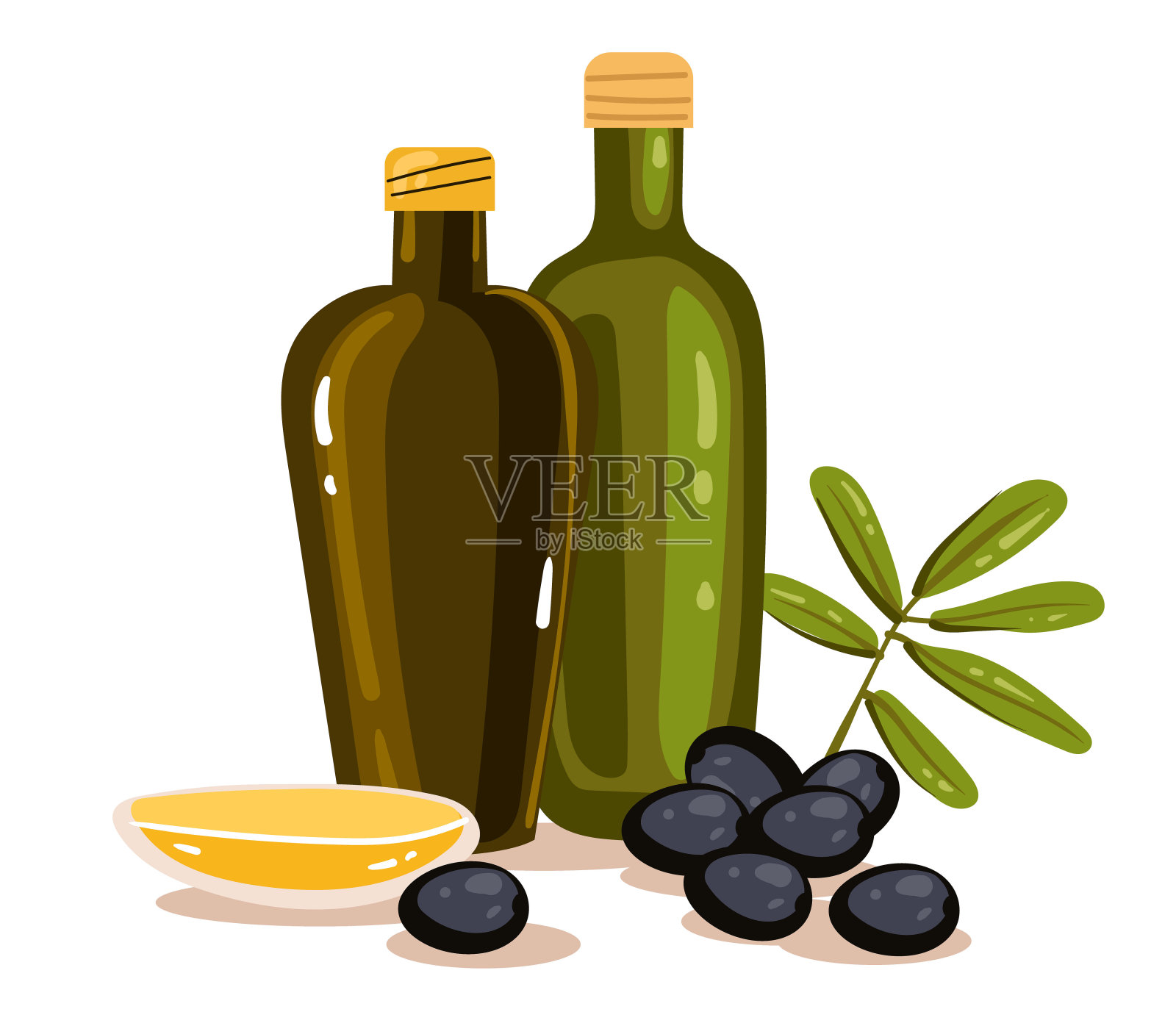 橄榄油产品玻璃瓶玻璃概念。矢量平面图形设计元素插图插画图片素材