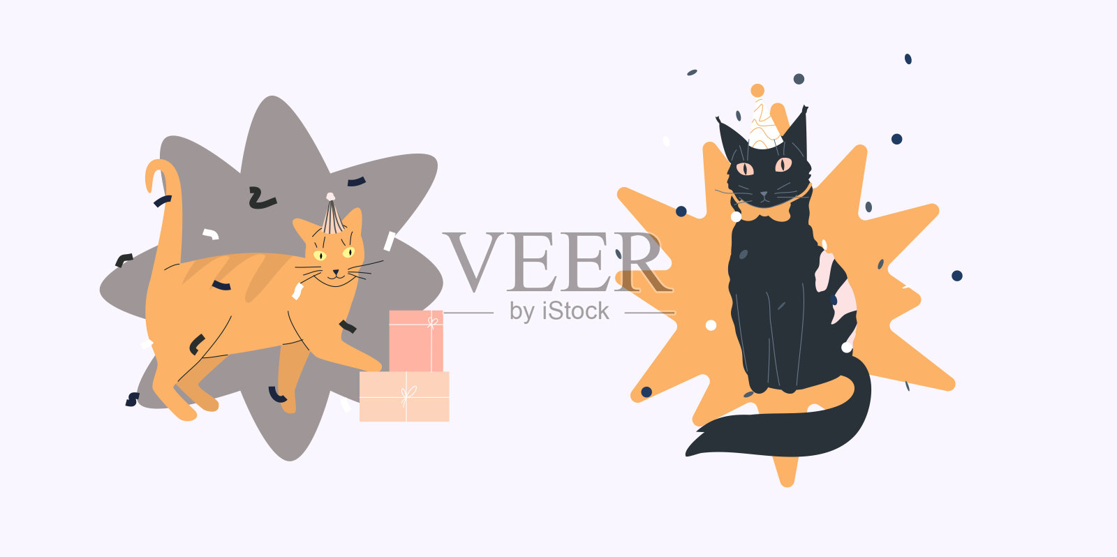 派对好玩的猫矢量插图。可爱的宠物与蝴蝶结，礼物和纸屑的抽象形式。可爱的卡片、明信片、海报或贴纸。插画图片素材