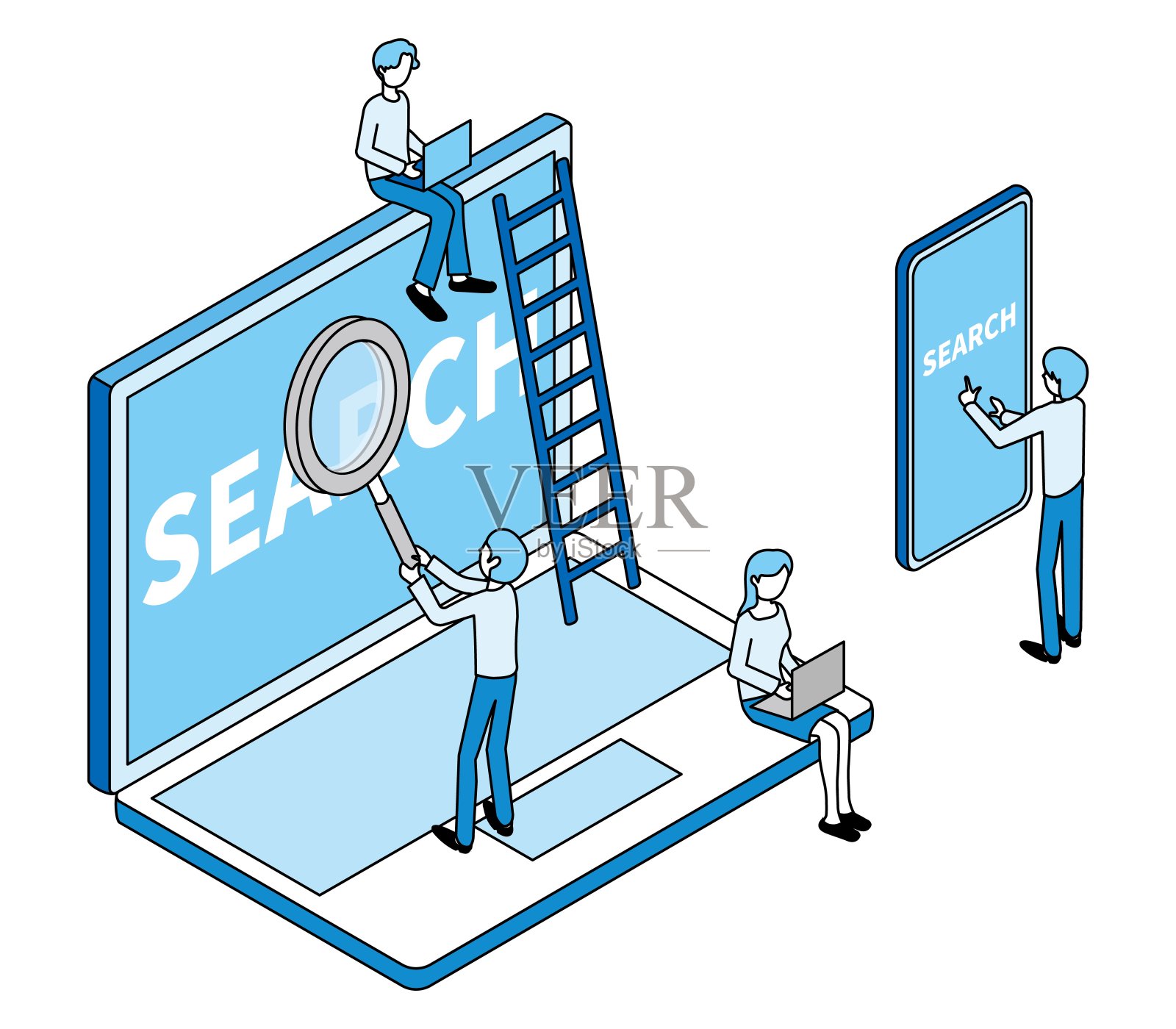 图片说明一个人在笔记本电脑和智能手机上搜索网络插画图片素材