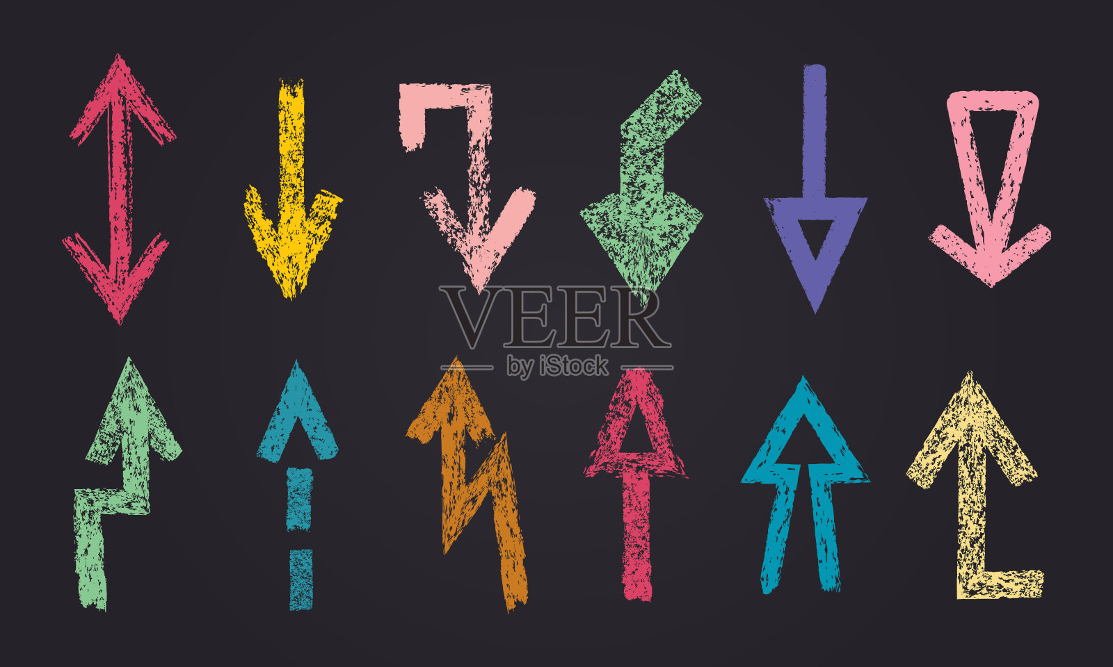 粉笔指针。彩色垃圾纹理粉笔铅笔箭头，粗糙的抽象指示形状平面矢量插图集。手绘炭箭插画图片素材