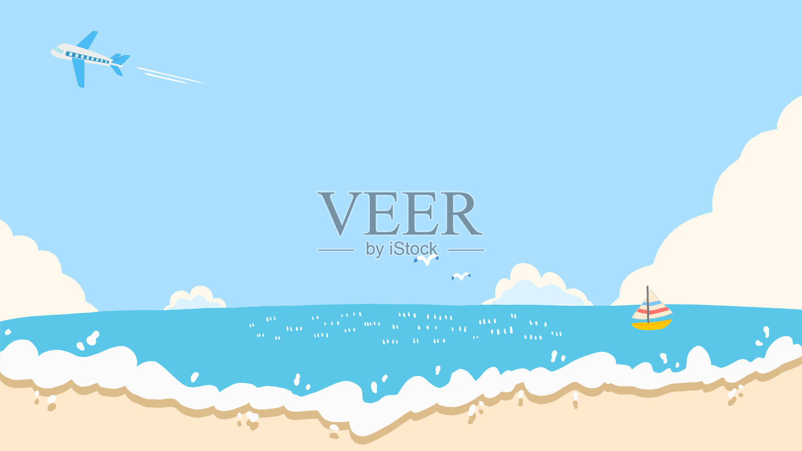 夏天的大海，明亮的背景与蓝色的天空和海滩，飞机和轨迹，可爱的手绘插图插画图片素材