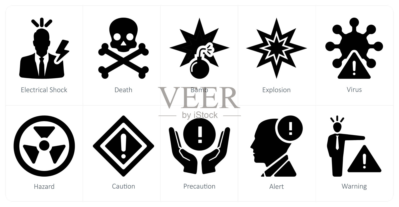 一套10个危险的图标，如电击，死亡，炸弹插画图片素材