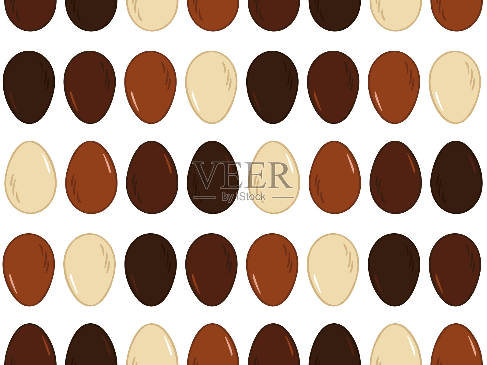 巧克力蛋无缝图案。棕色、深色、牛奶巧克力蛋。复活节的甜蜜象征。矢量黑可可甜点。餐厅、咖啡厅菜单、假日、卡片、海报装饰。插画图片素材