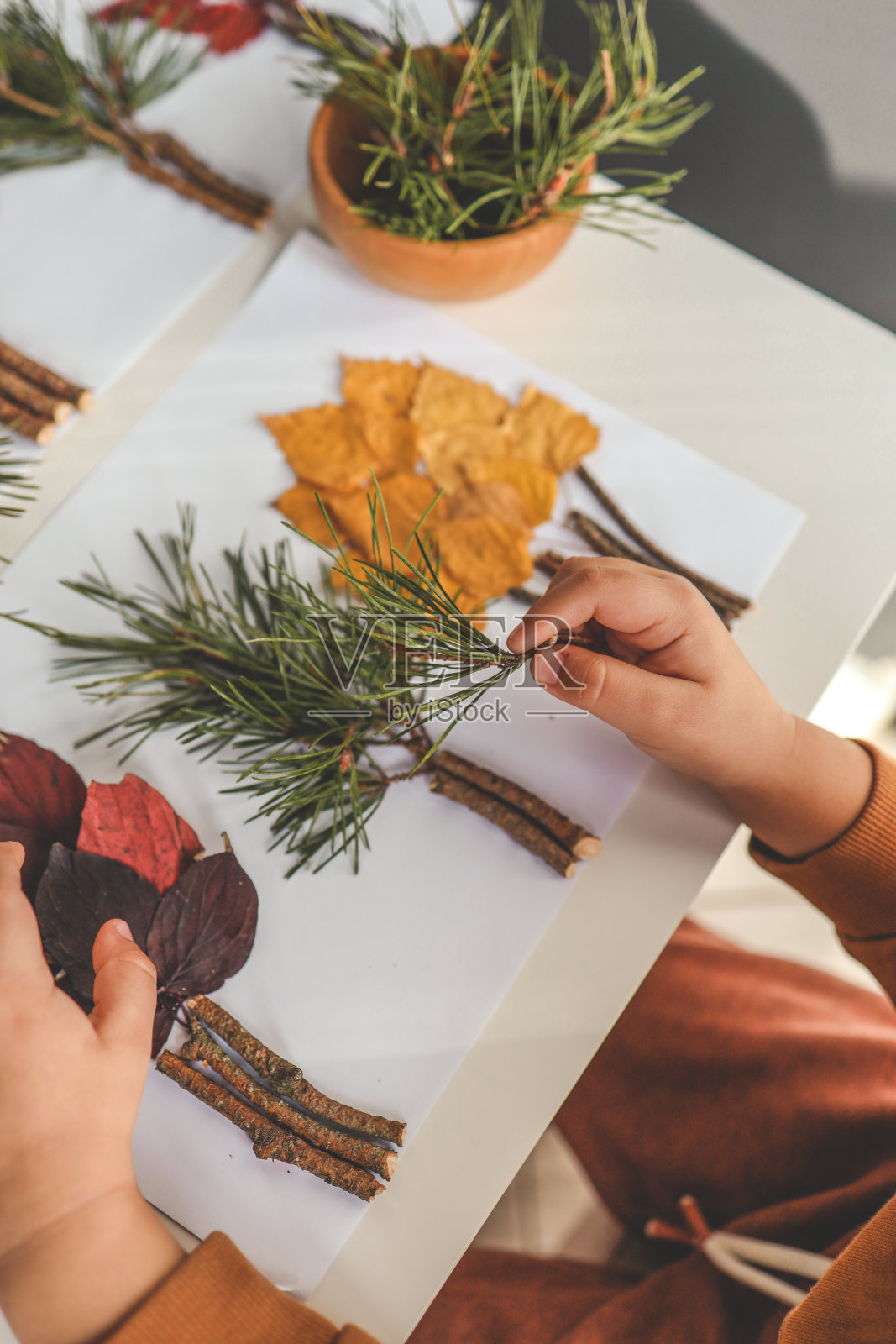 儿童的创造力，儿童对天然材料的学习，应用俯视图照片摄影图片