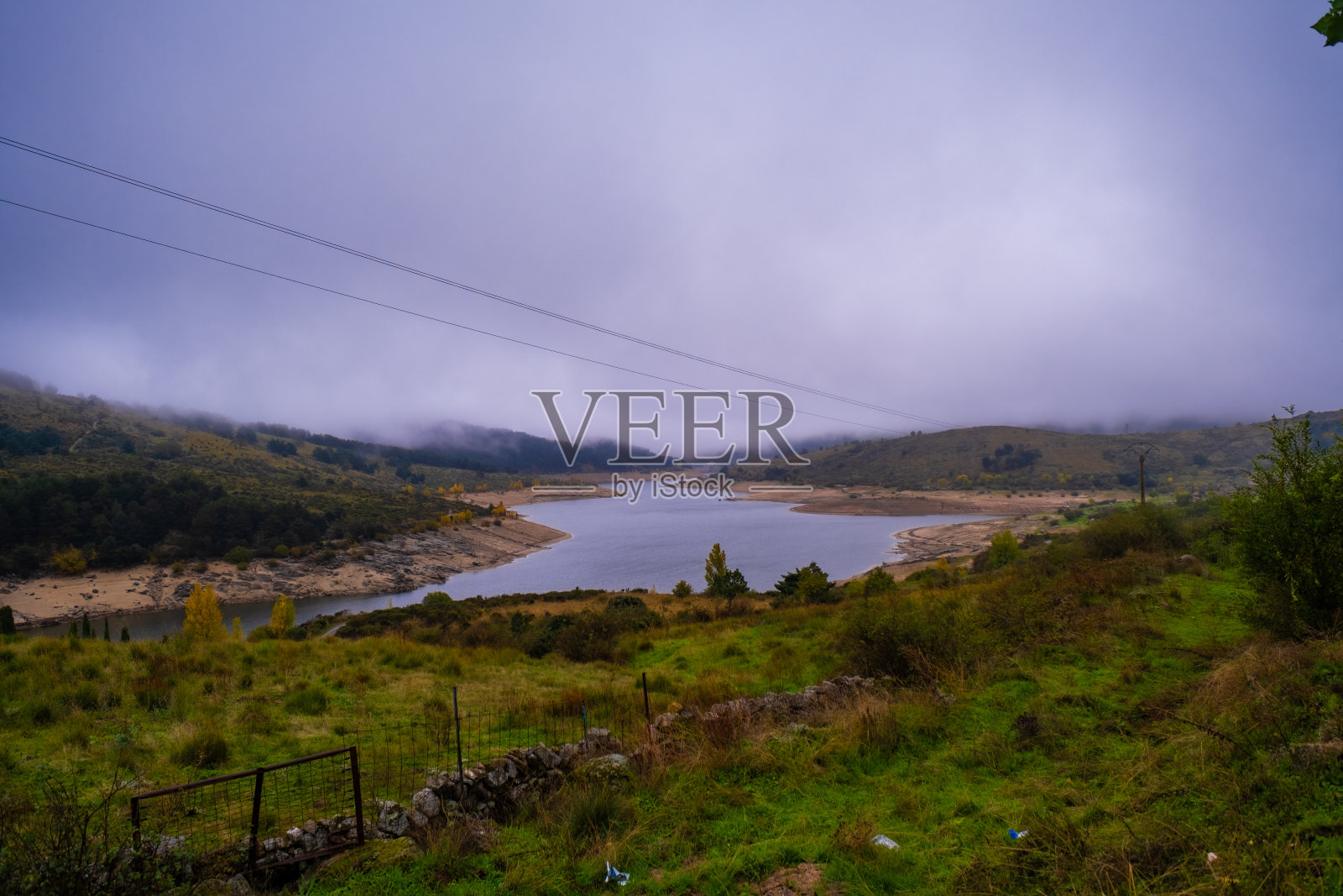 雾蒙蒙的湖在郁郁葱葱的秋林里。照片摄影图片