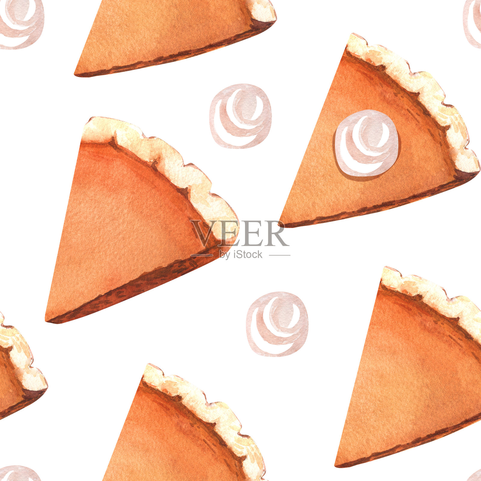 水彩南瓜片派，橙色无缝图案，感恩节晚餐的传统甜点。手绘插图孤立在白色背景。完美的菜单，烹饪，包装，卡片插画图片素材