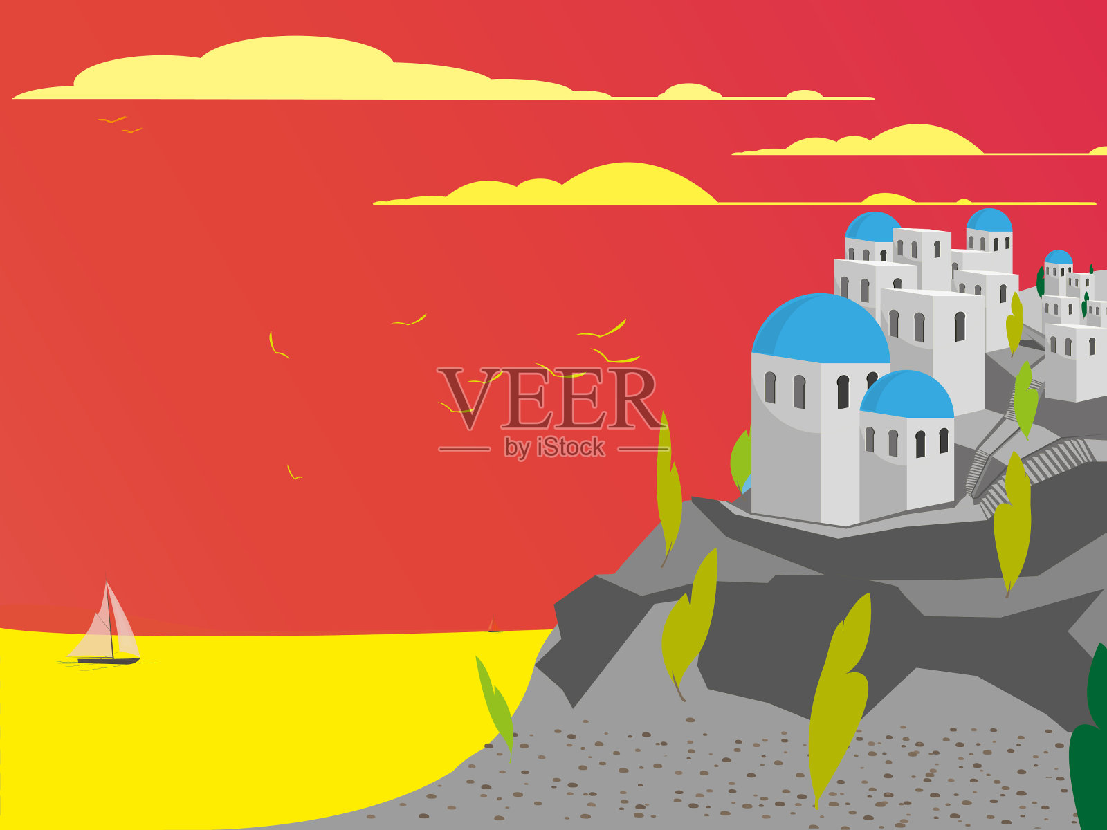 希腊的圣托里尼岛有大海和帆船。插画图片素材