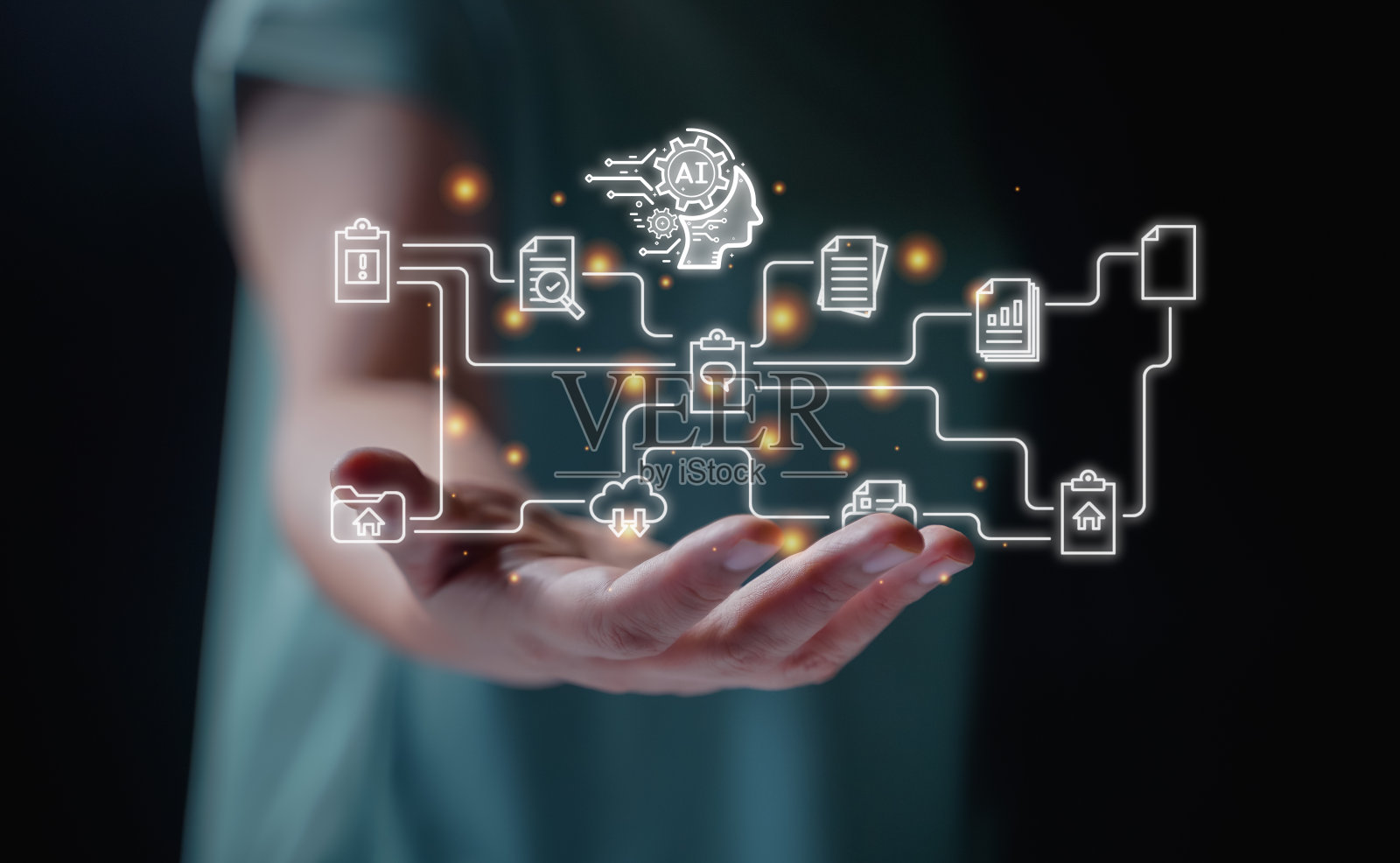 Ai科技，商人展示虚拟图形全球互联网连接聊天与人工智能。使用ai或ux接口访问数据的元数据。未来科技转型。照片摄影图片