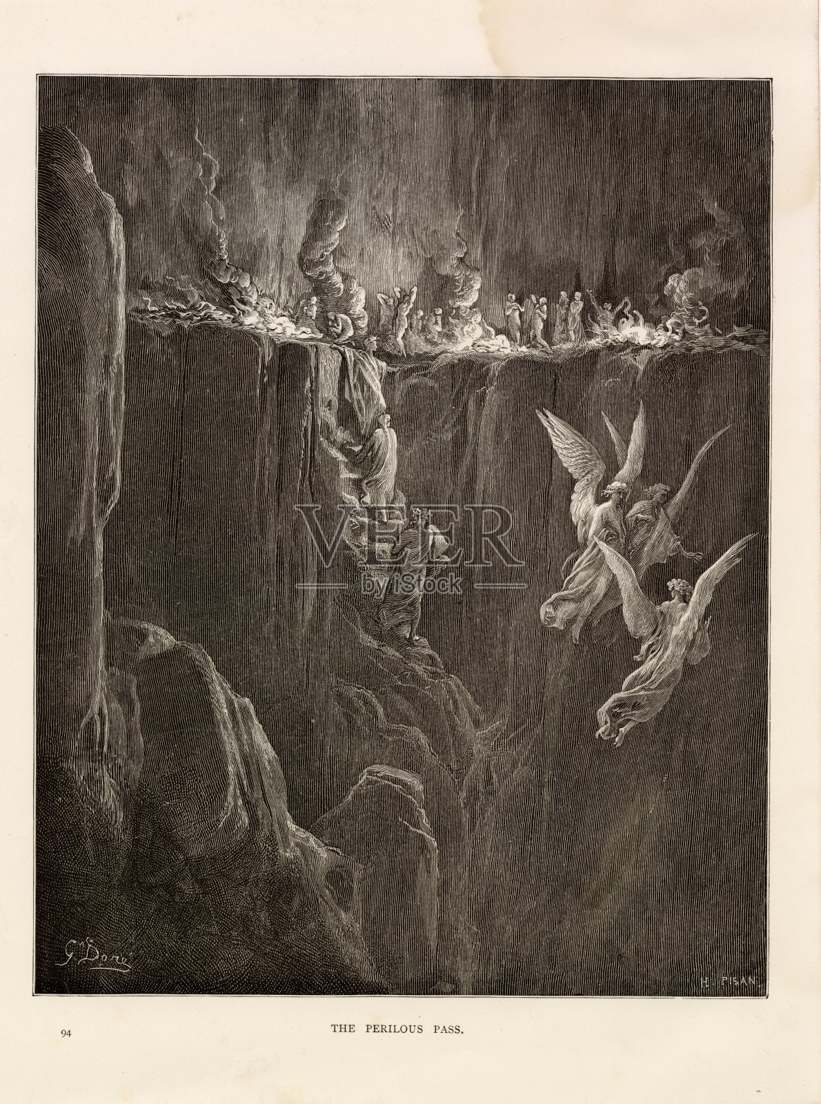 危险的关口-古斯塔夫·多雷，1891年古董宗教平版版画插画图片素材