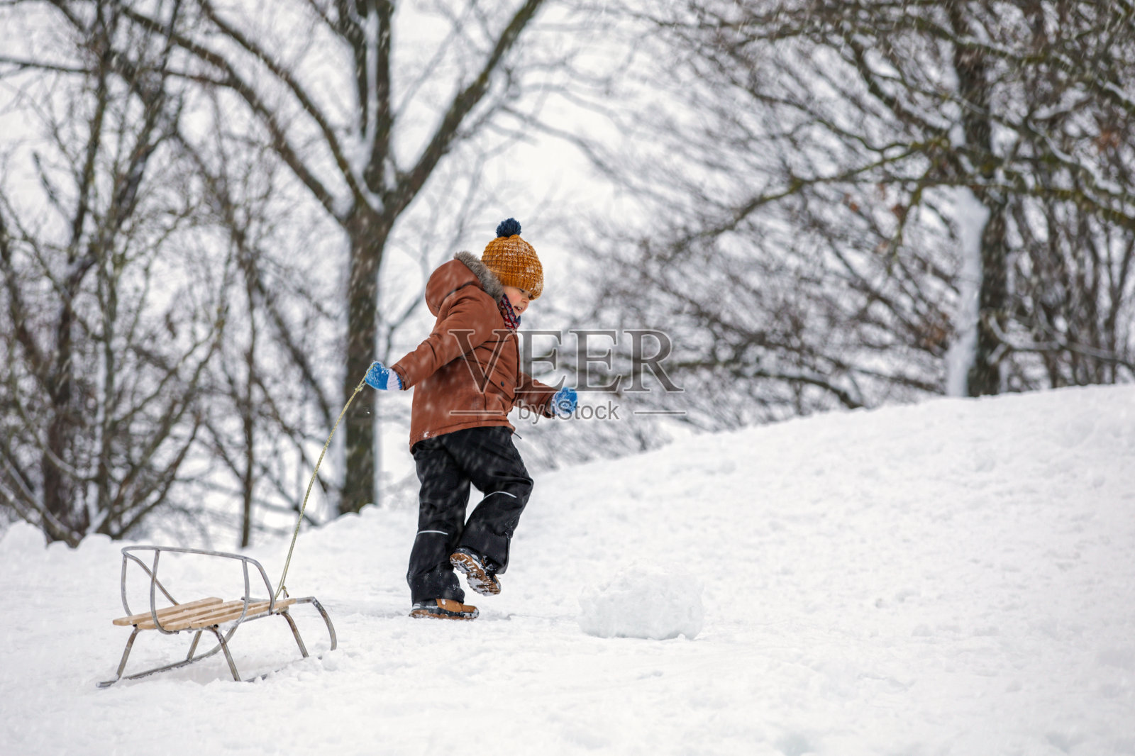 一个穿着棕色外套的小男孩从后面拿着绳子拉着雪橇上山的照片照片摄影图片