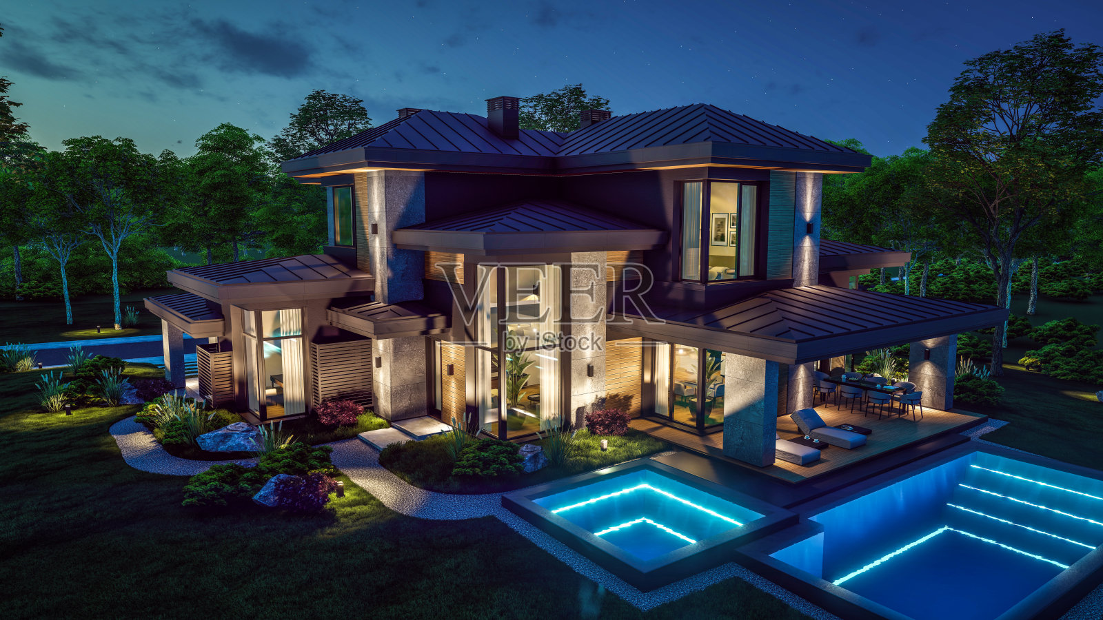 夜间豪华风格的现代住宅3d效果图照片摄影图片