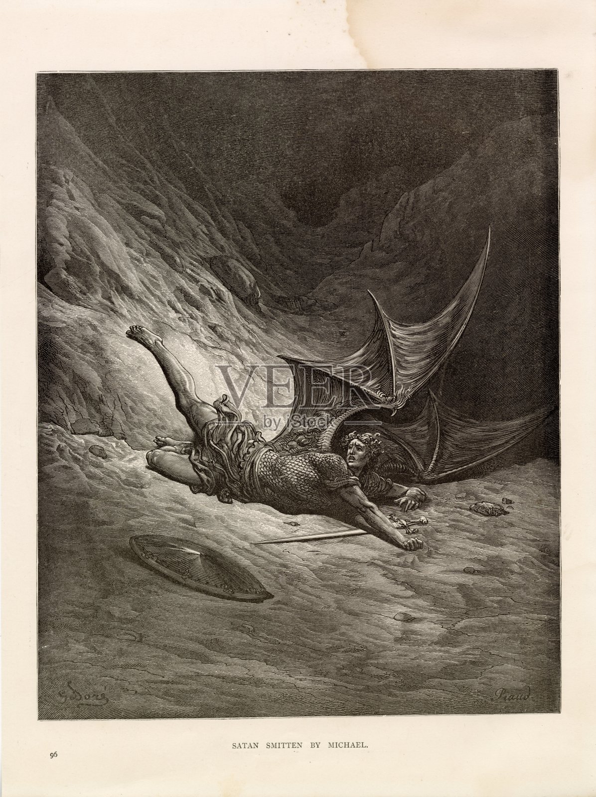 撒旦被迈克尔-古斯塔夫多，1891年古董宗教印刷品插画图片素材