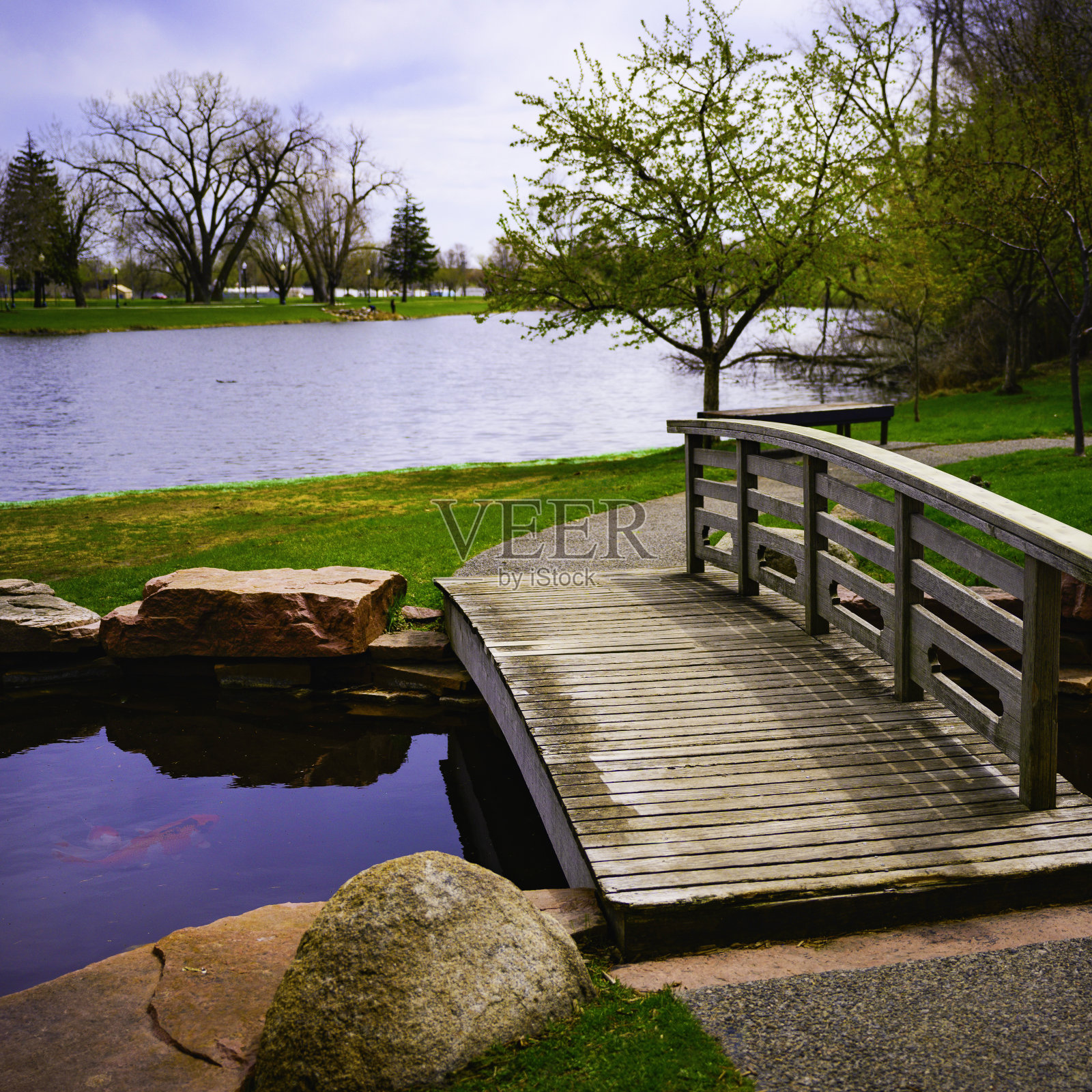 美国南达科他州苏福尔斯露台公园日本花园的小池塘和石头小径上的木桥照片摄影图片