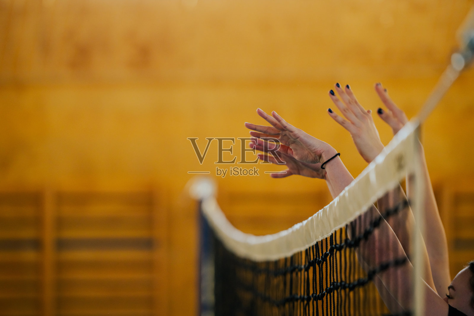在室内球场，一名女子手握排球网照片摄影图片
