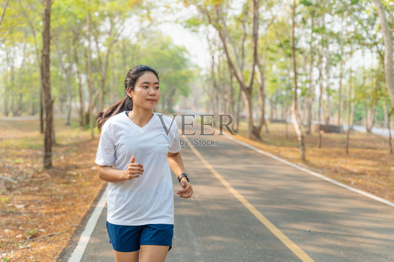 夏天的早晨，一个年轻女子在当地的跑步公园里独自跑步照片摄影图片