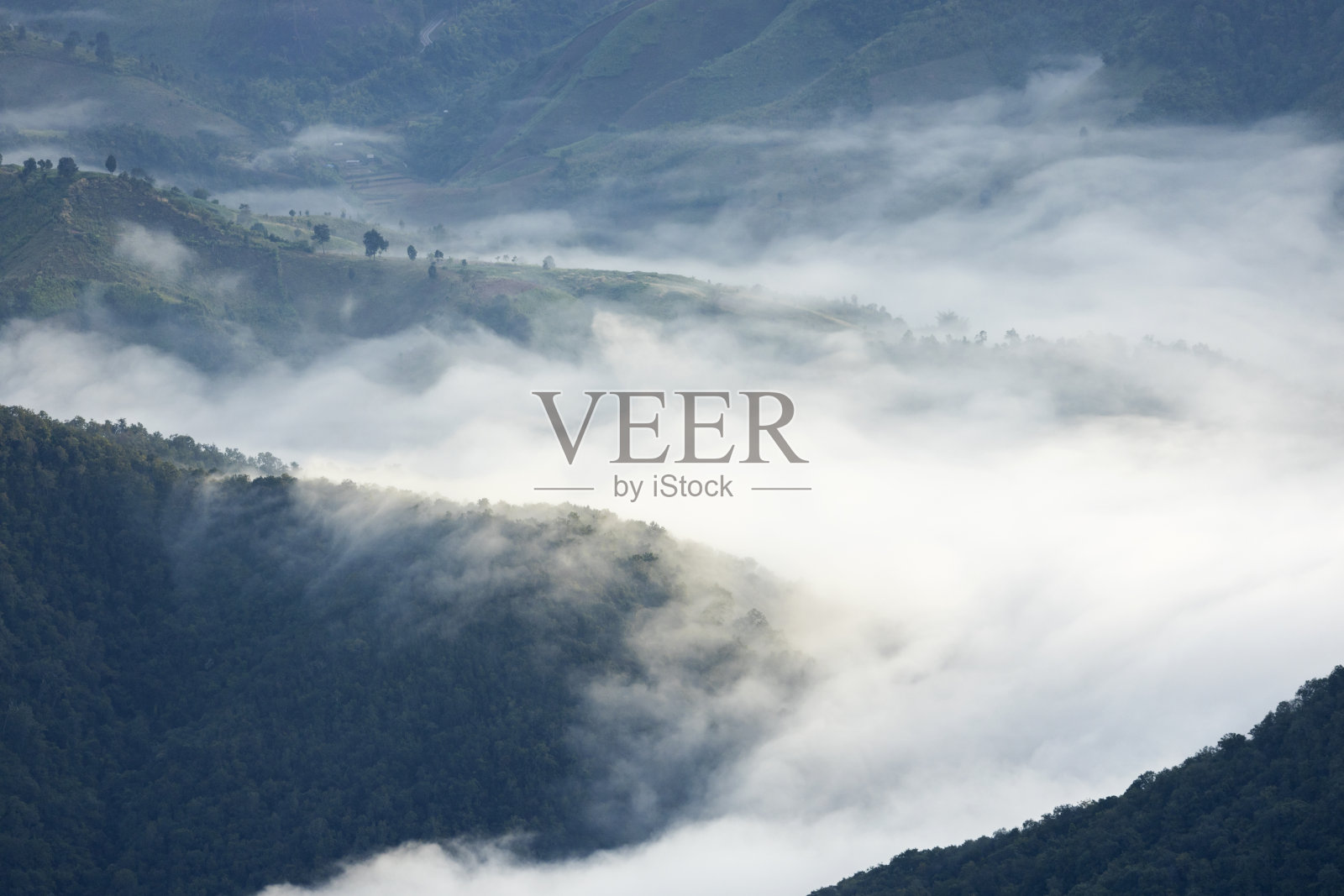 泰国北部的山层晨雾景观。乡村丛林丛林中的山脊和云层照片摄影图片