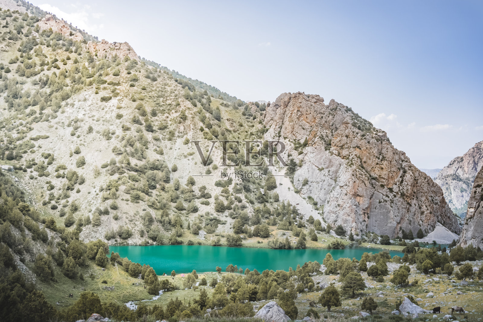 山全景，景观与岩石山峰和蓝色绿松石湖楚库拉克在塔吉克斯坦的风扇山脉，丘陵覆盖着森林在一个阳光明媚的夏日照片摄影图片