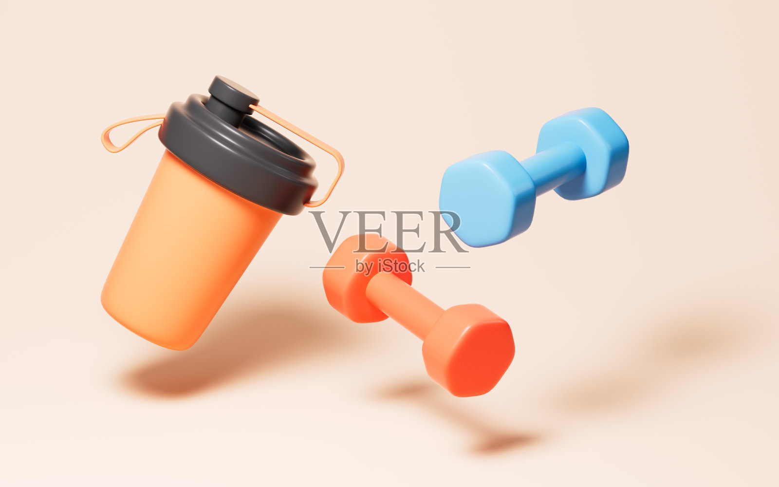 卡通哑铃和运动杯，运动健身概念，3d渲染。照片摄影图片
