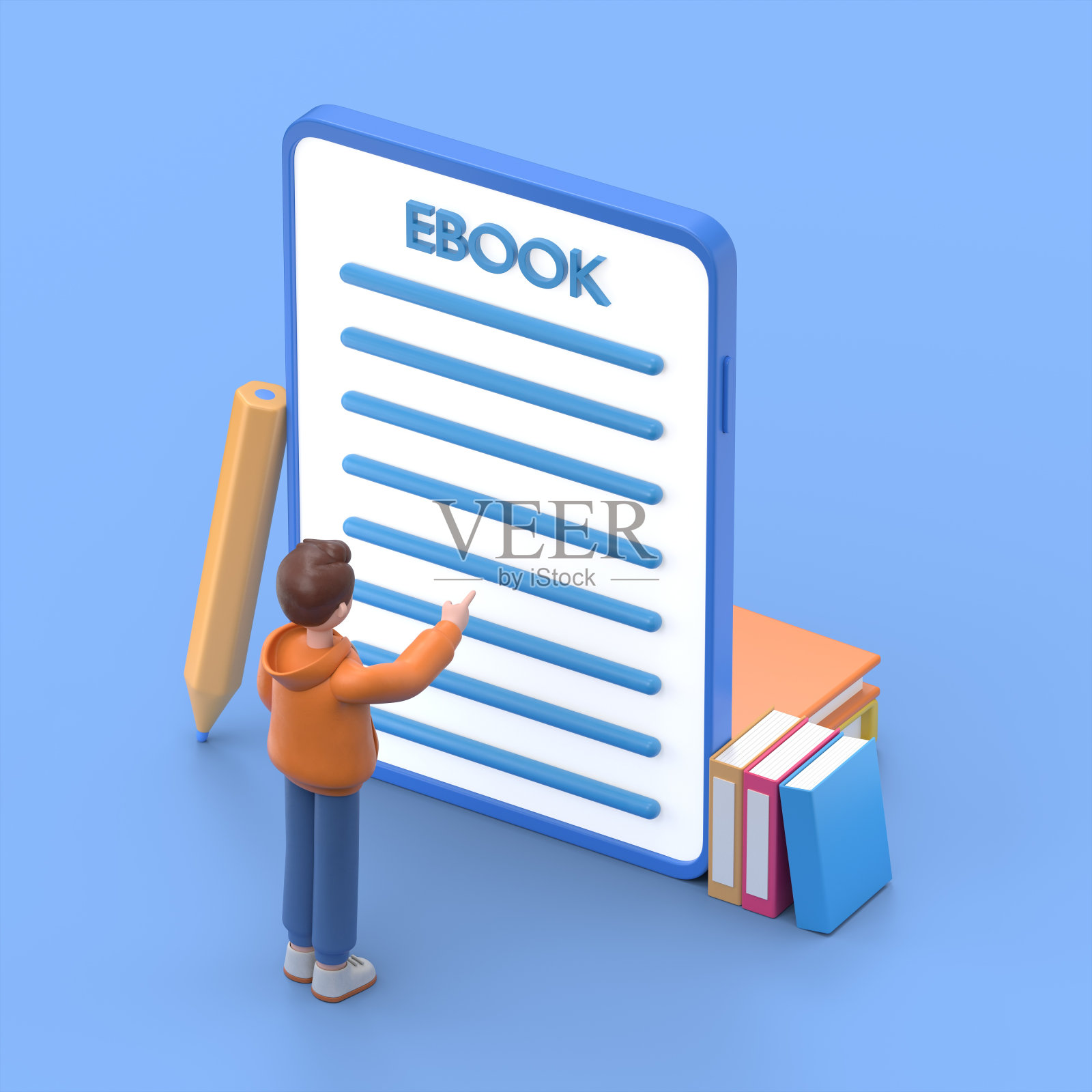 电子书的概念。男性卡迪尔站在移动平板电脑屏幕前的书的3D插图。平面3D风格。照片摄影图片