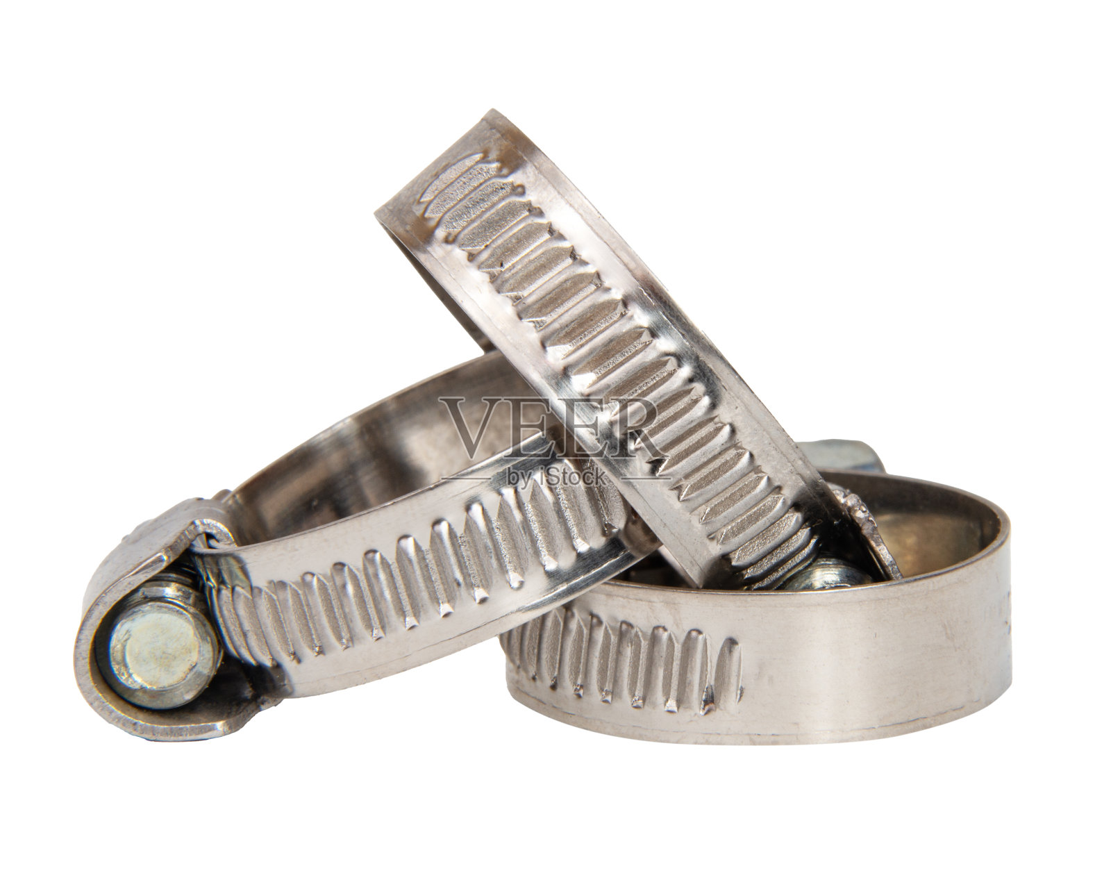 施工钢夹紧金属或塑料软管和管道隔离在白色背景近照片摄影图片