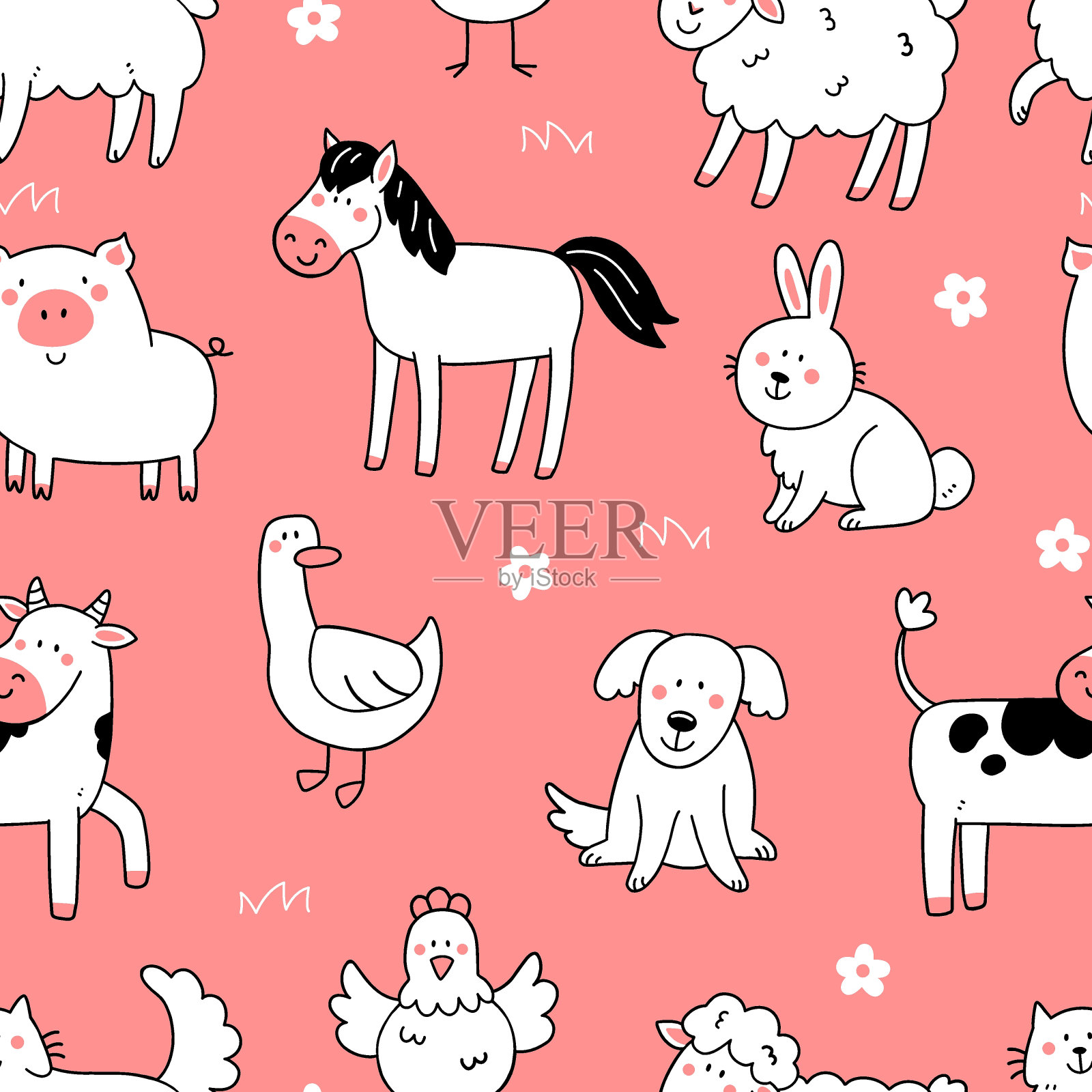 无缝图案与可爱的农场动物在粉红色的背景涂鸦风格。插图的背景与动物。插画图片素材