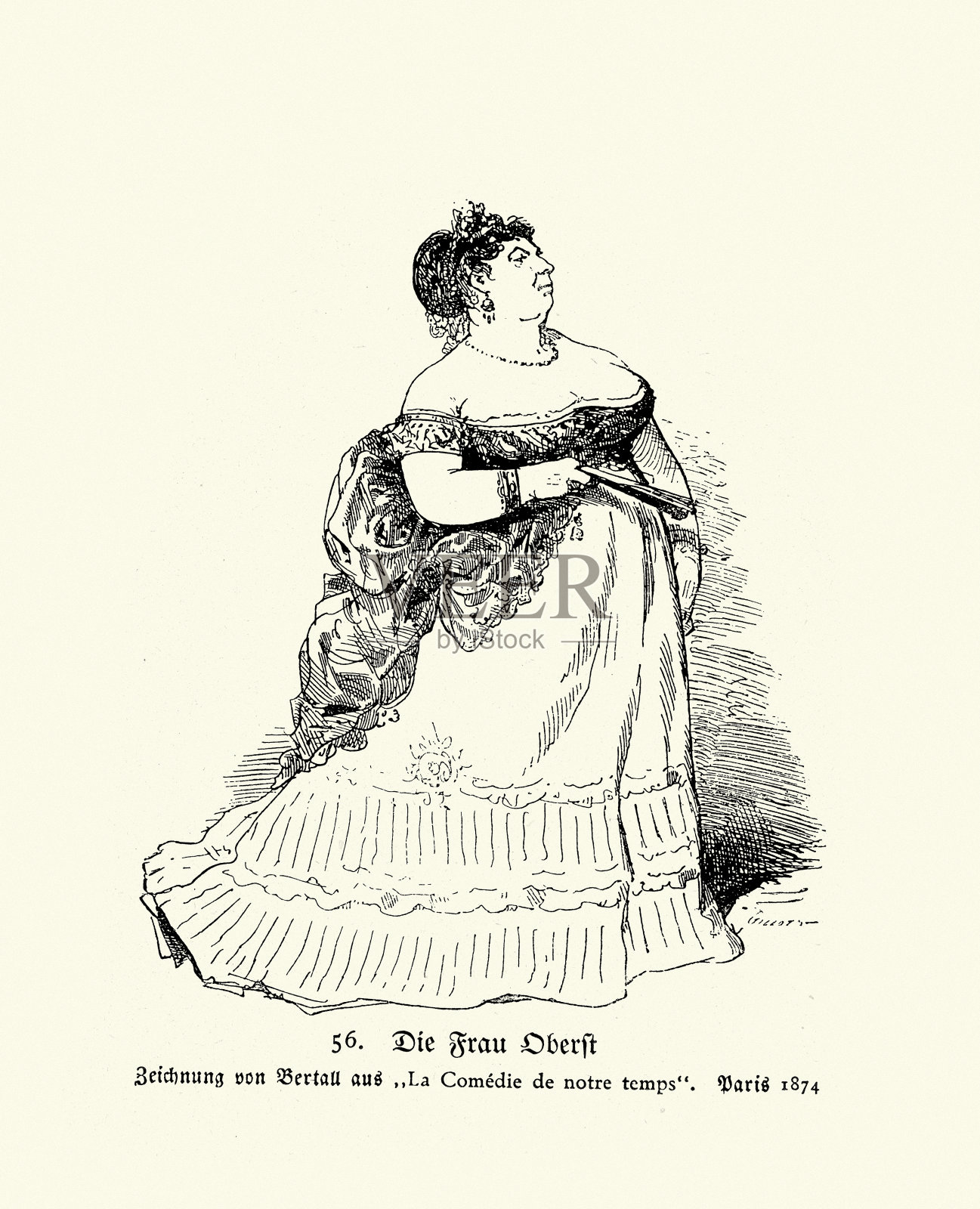 复古插图上校的妻子，一个女人的素描，时尚，维多利亚时代，19世纪70年代插画图片素材