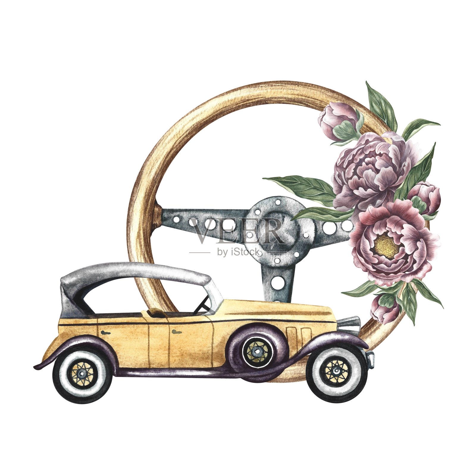 复古车。装饰着复古花朵的古董木制方向盘。水彩插图，手工制作，孤立。用于横幅，传单，海报。用于打印，贴纸，明信片。插画图片素材