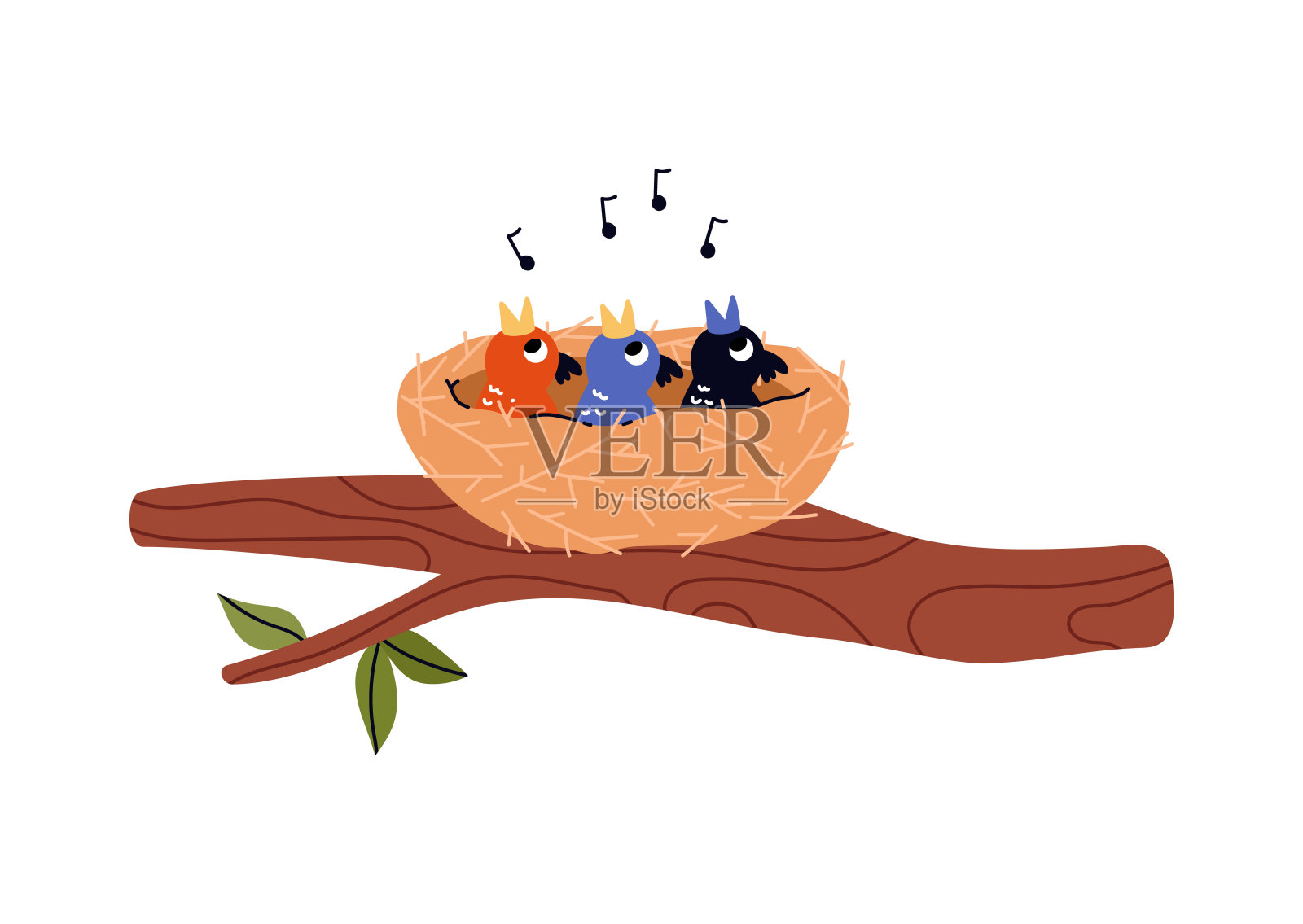 鸟巢。欢快的小鸡在巢里唱歌。孤立的插图。插画图片素材