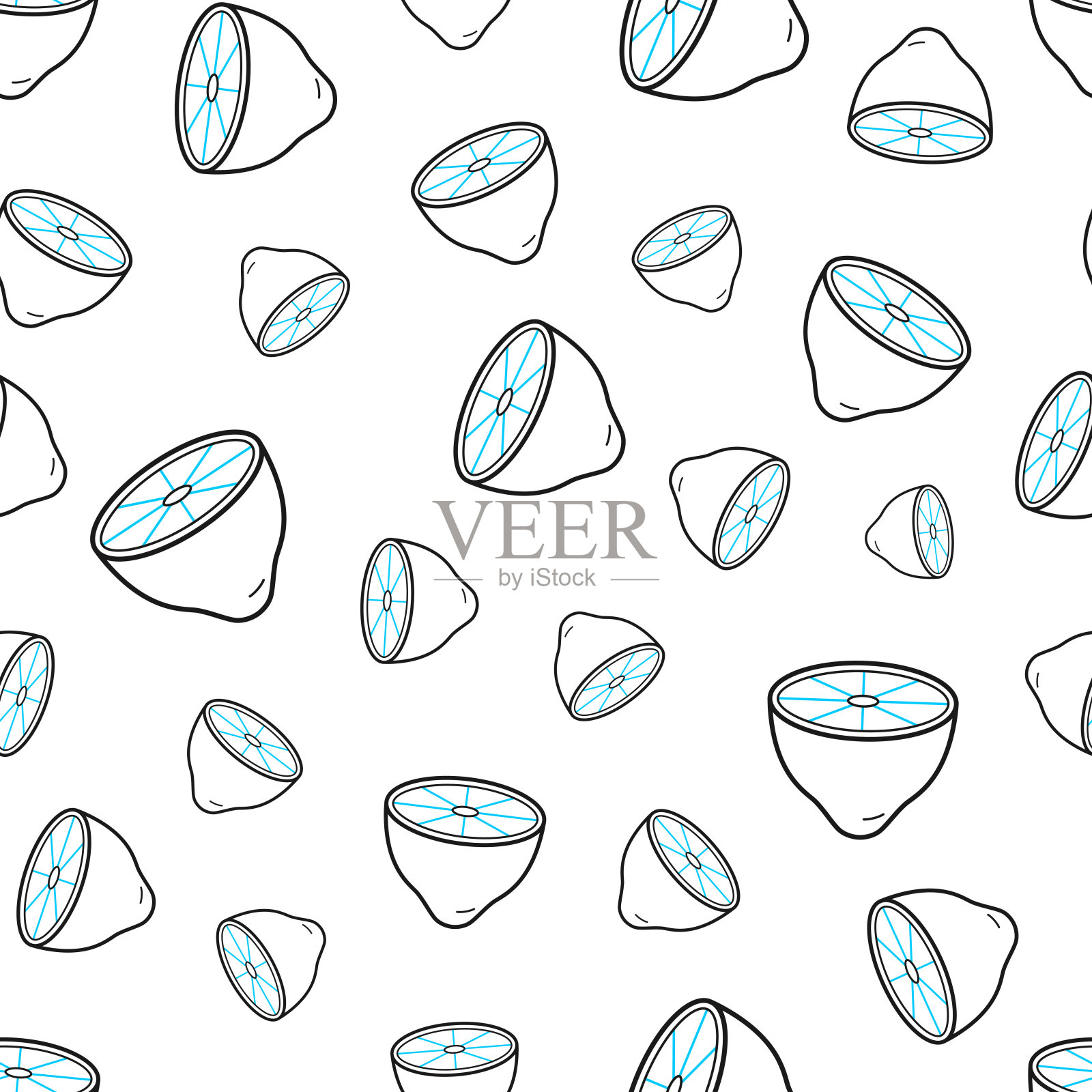 柠檬的一半。无缝模式。白色背景上的线条图标插画图片素材