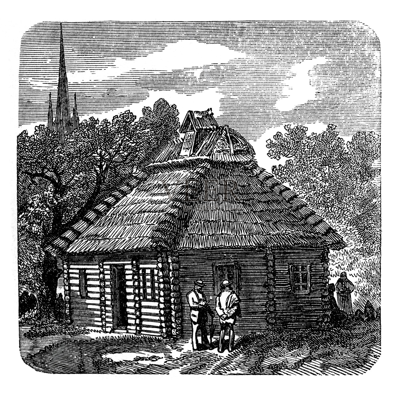 维也纳展览公园。特兰西瓦尼亚。Szekely农舍。插画图片素材