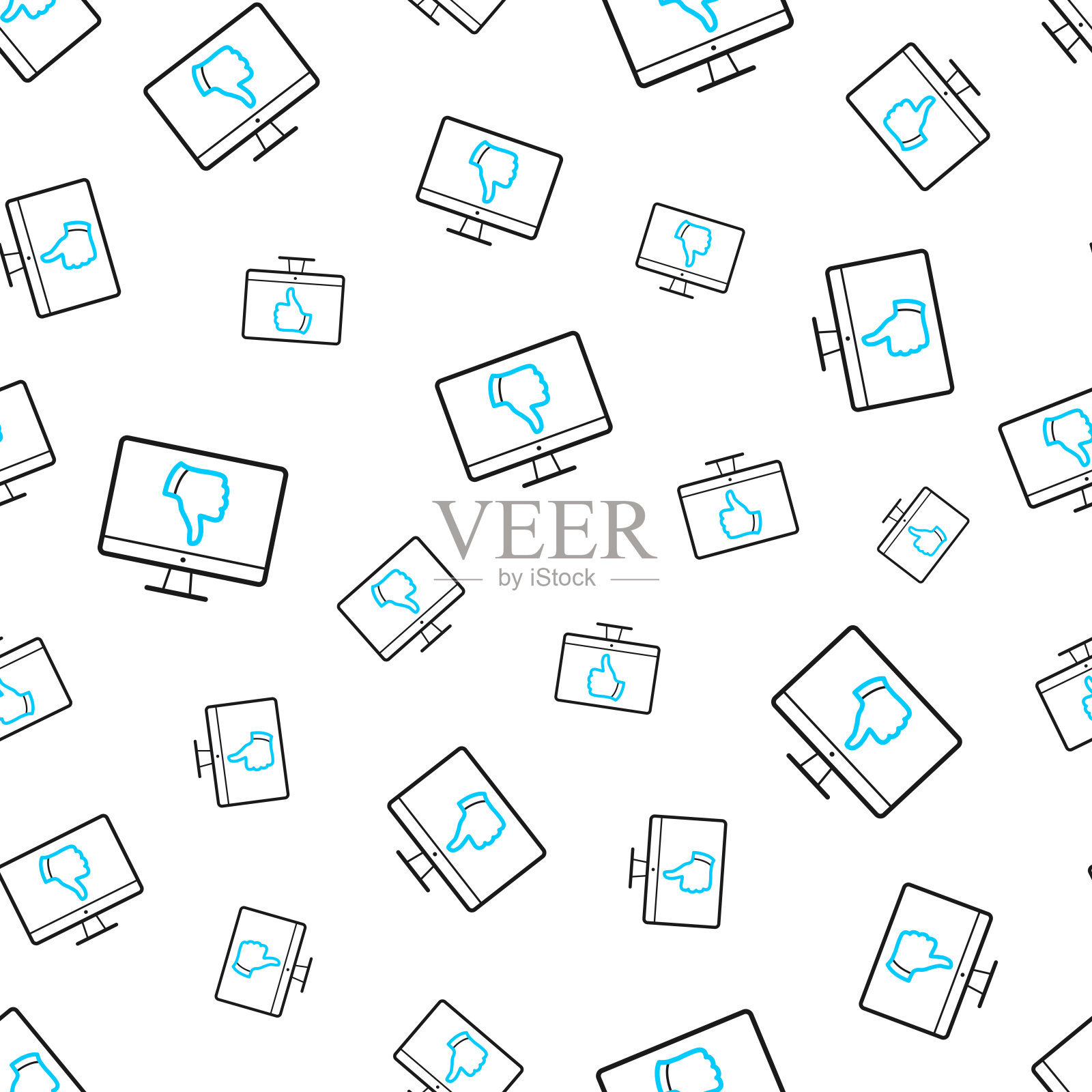 拇指朝下的台式电脑。无缝模式。白色背景上的线条图标插画图片素材