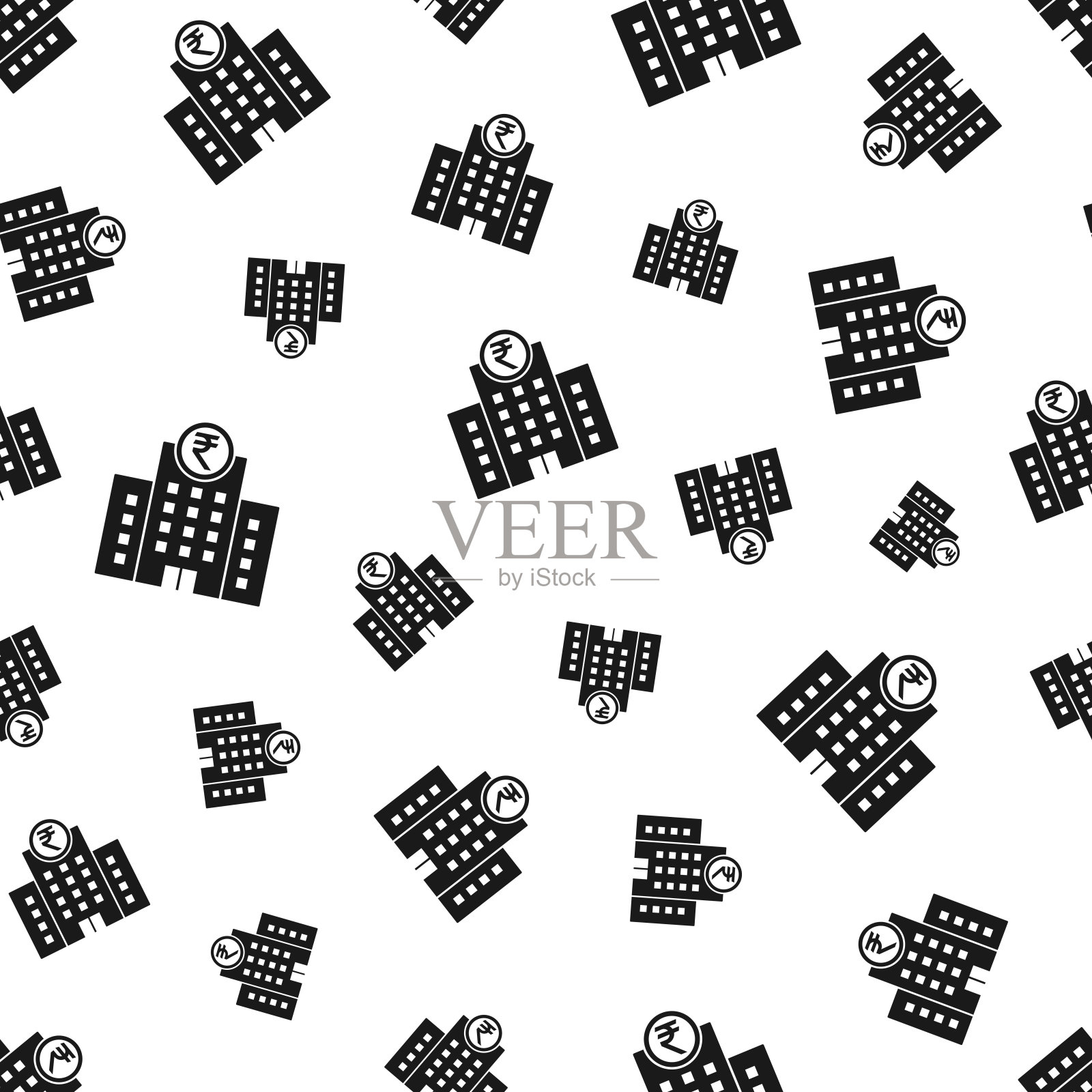 有印度卢比标志的银行。无缝模式。白色背景的图标插画图片素材