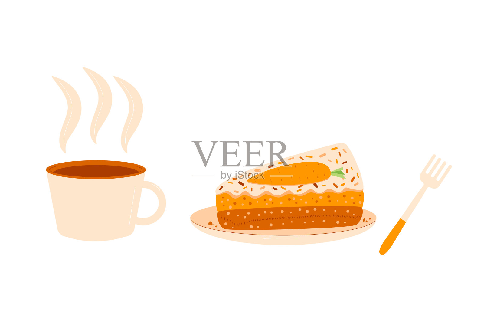 咖啡杯，胡萝卜蛋糕片和叉子。甜面包配热饮。早餐是奶油点心。矢量饼和饮料插图隔离在白色背景上。插画图片素材