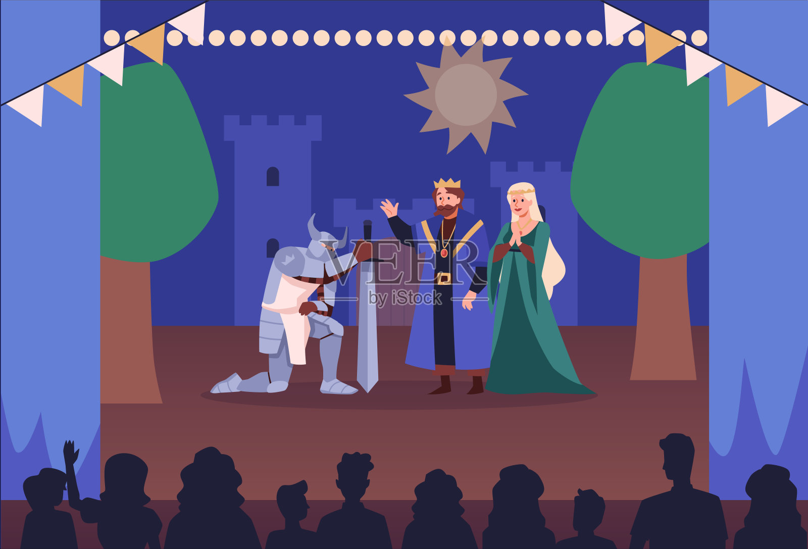 剧场演员身穿盔甲，双膝跪剑，站在国王和王后面前，场面平矢量，观众插画图片素材