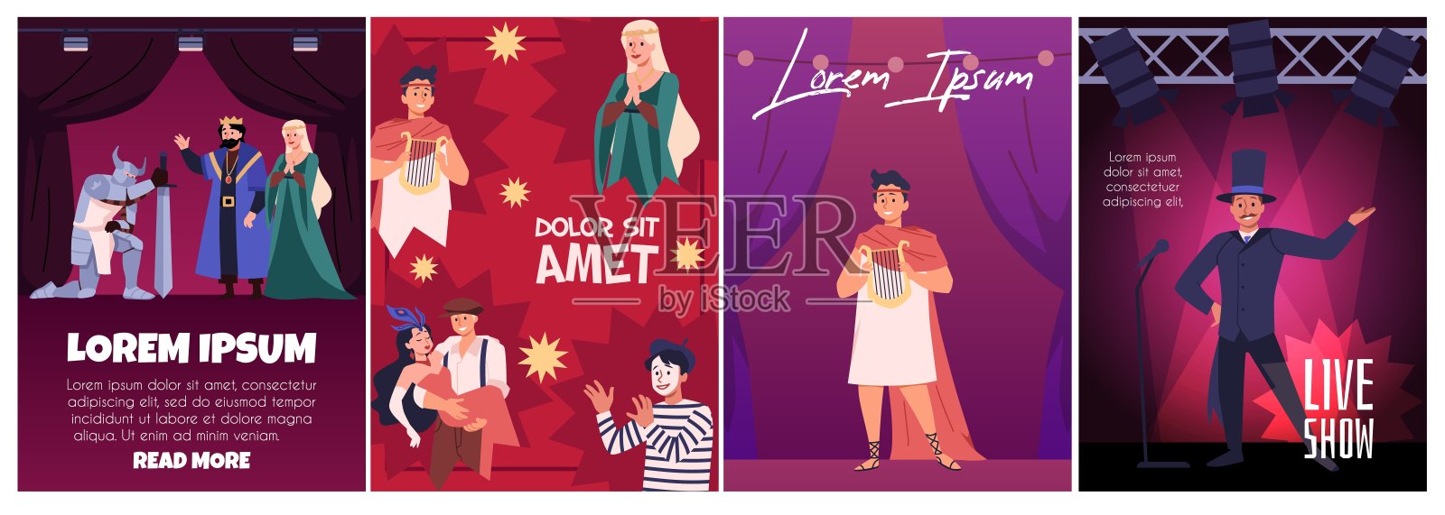 有吸引力的剧院海报在平面矢量风格的集合。插画图片素材