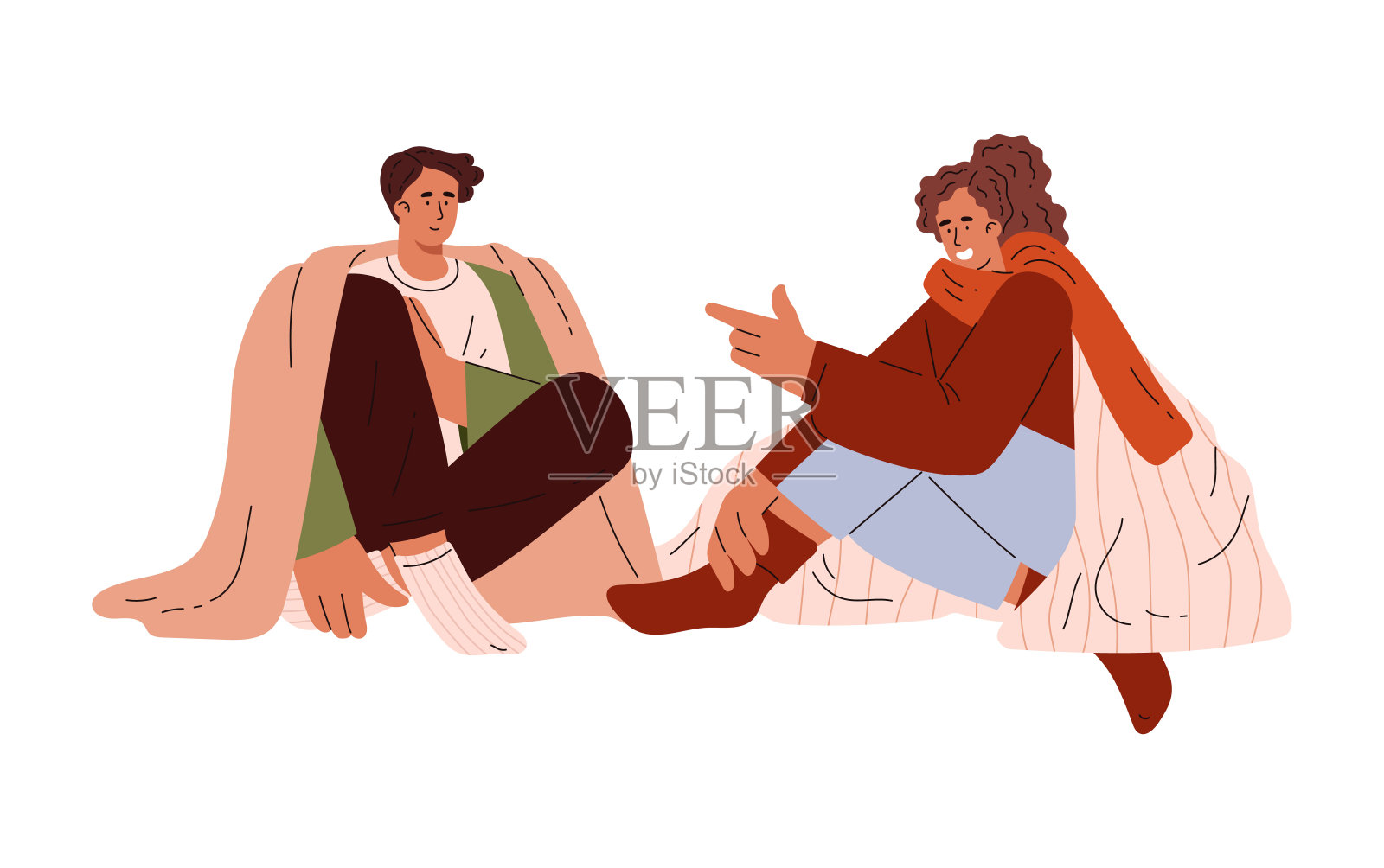 快乐的女人和男人坐在毯子下聊天，矢量舒适的心情，朋友享受谈话，放松插画图片素材