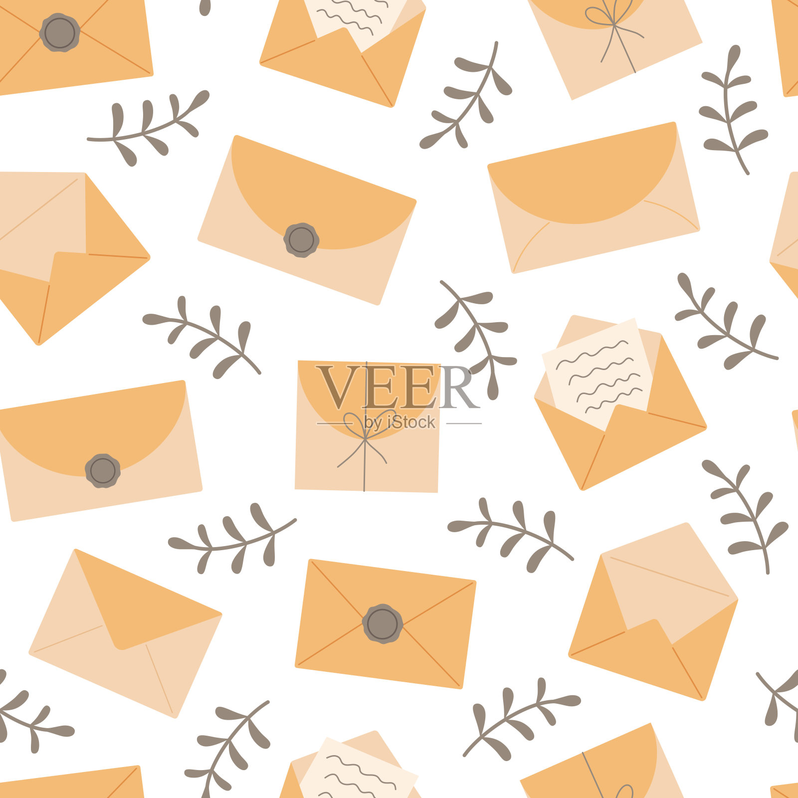 信封无缝图案与花卉元素。复古的邮件，信件或文具主题。矢量插图在白色的背景。插画图片素材