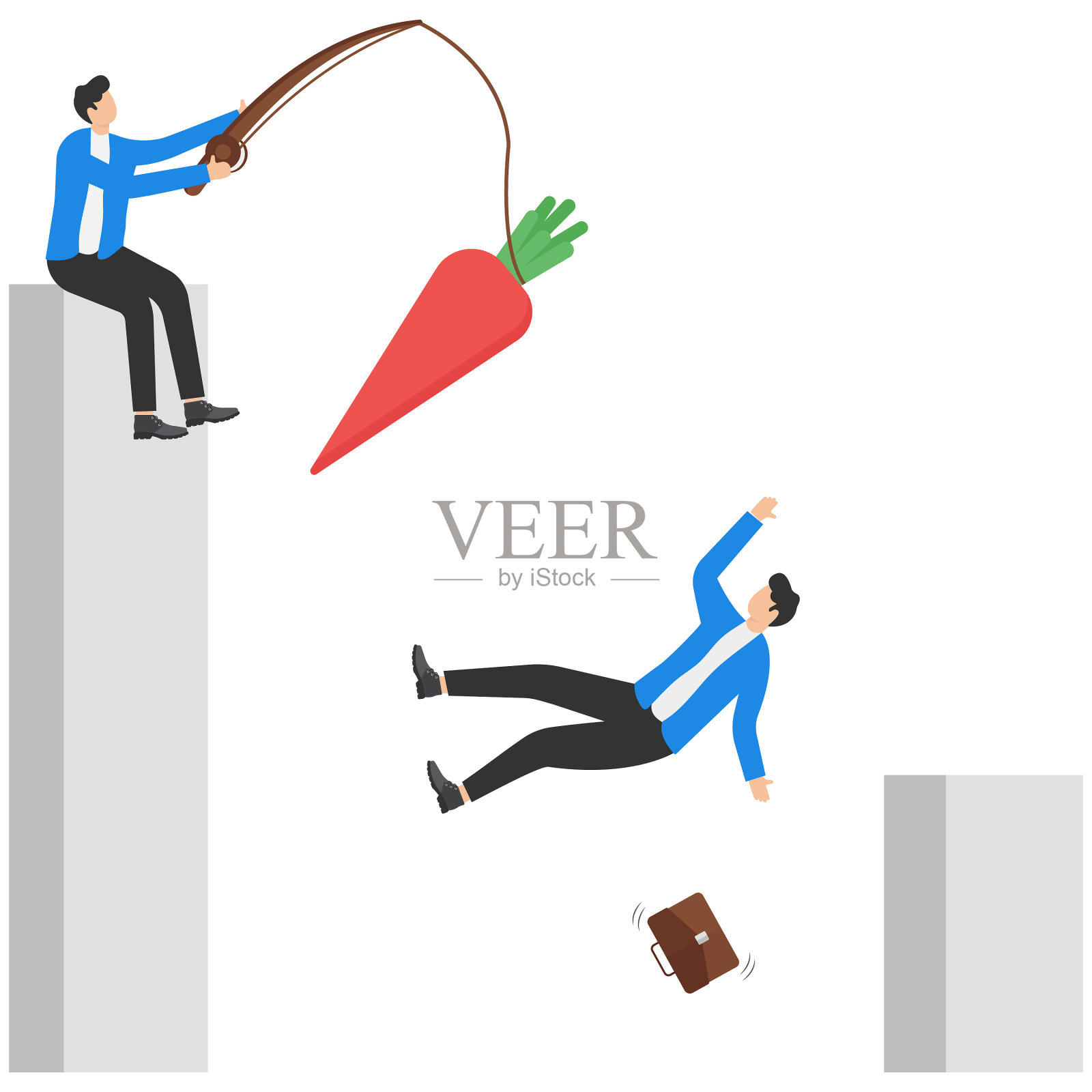 商人手里拿着一根胡萝卜棒。一个关于管理、激励和人事管理领导的隐喻插画图片素材