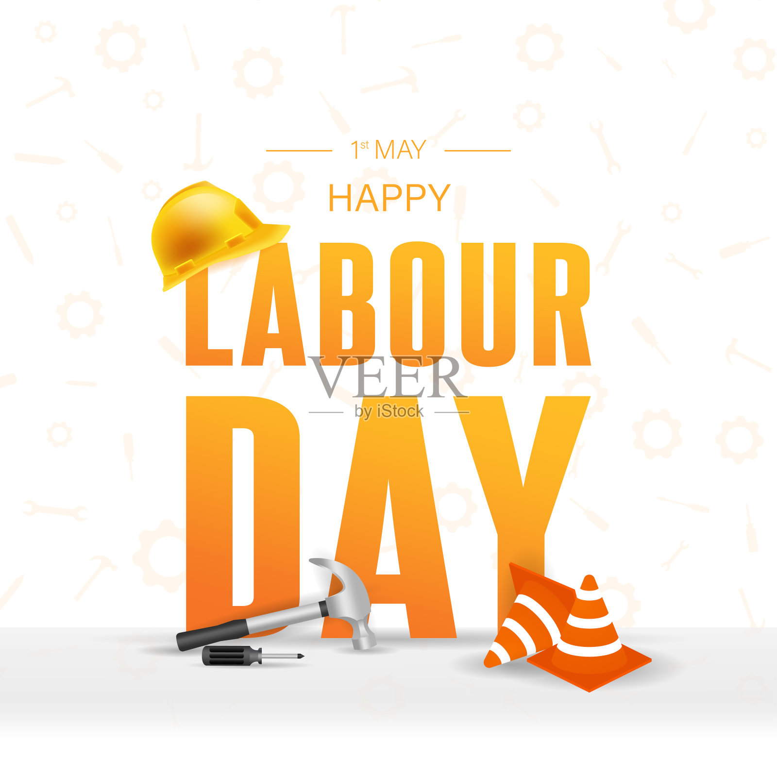 劳动节或国际劳动节海报模板设计，配以黄色安全帽及施工设备。插画图片素材