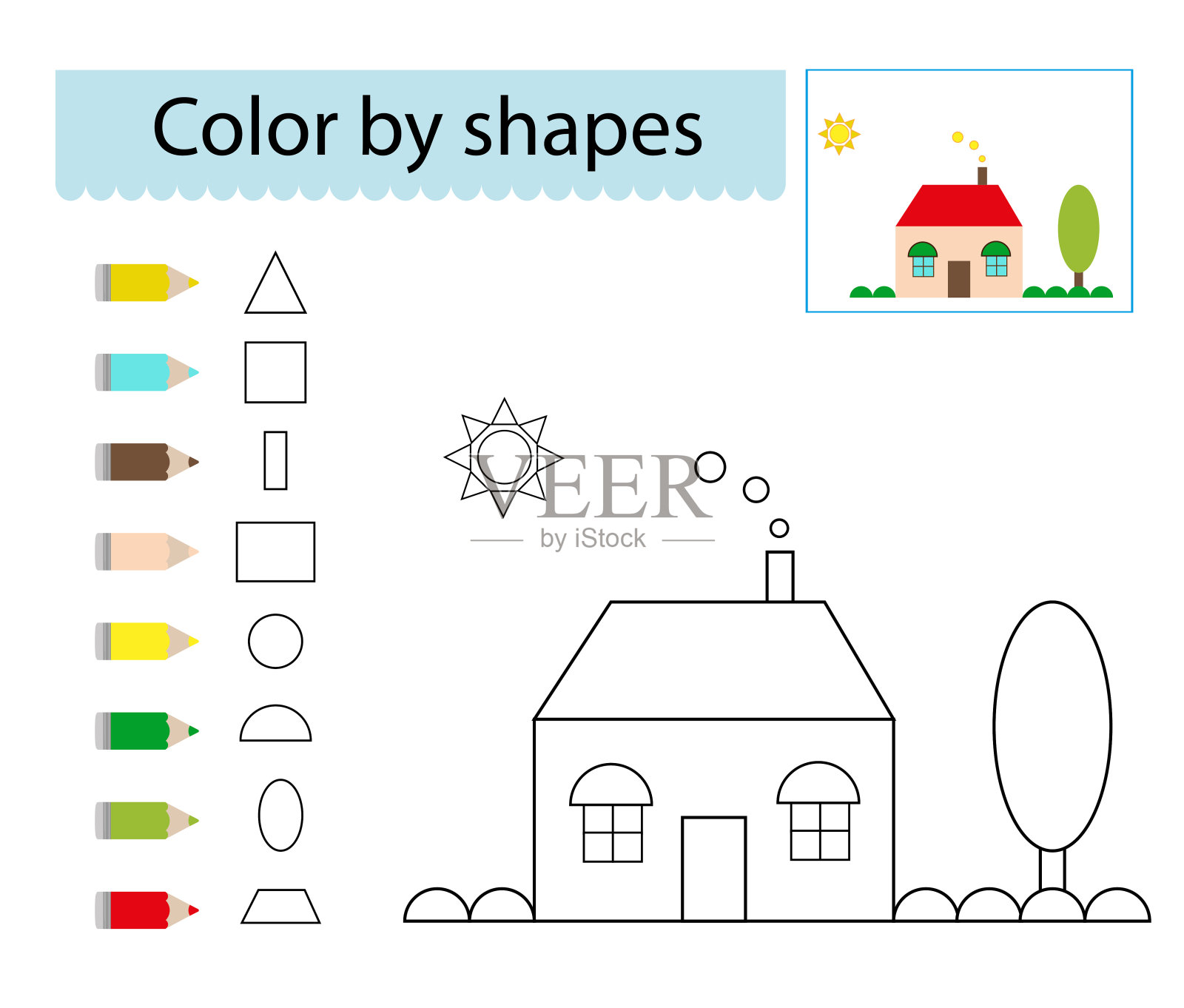 着色页面。儿童教育插画。卡通可爱的房子。插画图片素材
