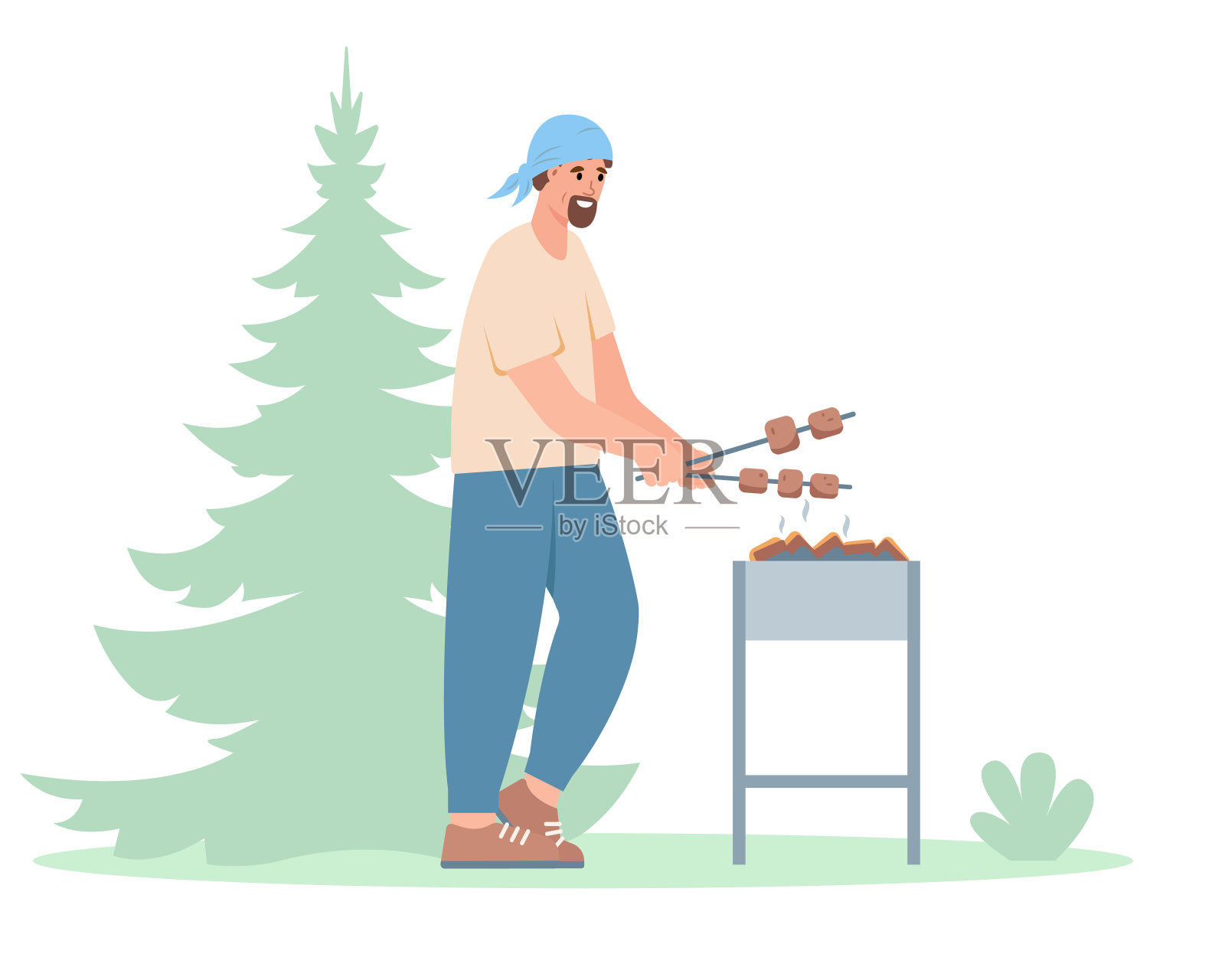 快乐男人的性格是烤肉。旅游露营烧烤概念。夏天的活动。插画图片素材