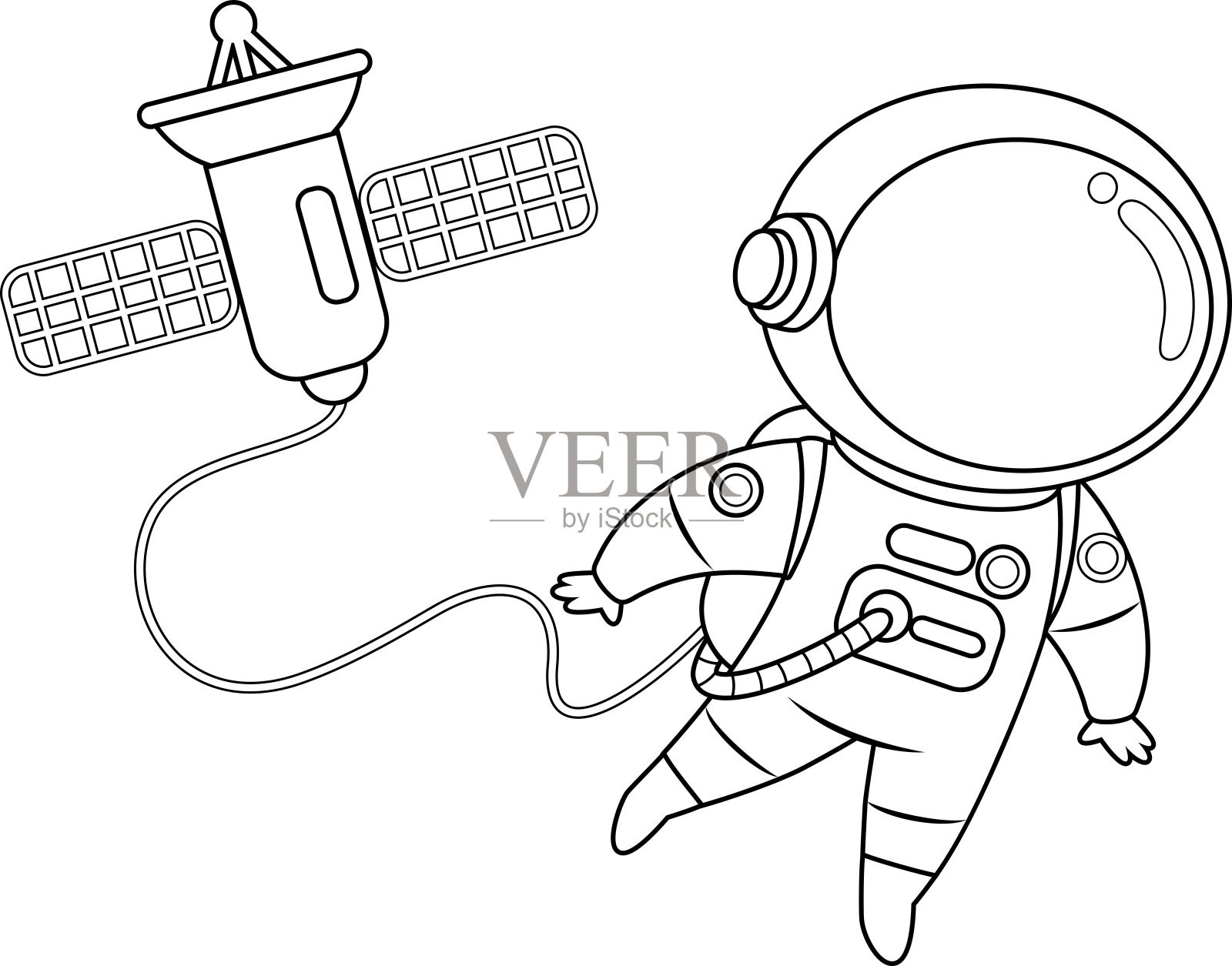勾勒出可爱的宇航员卡通人物在与空间站相连的开放空间飞行插画图片素材