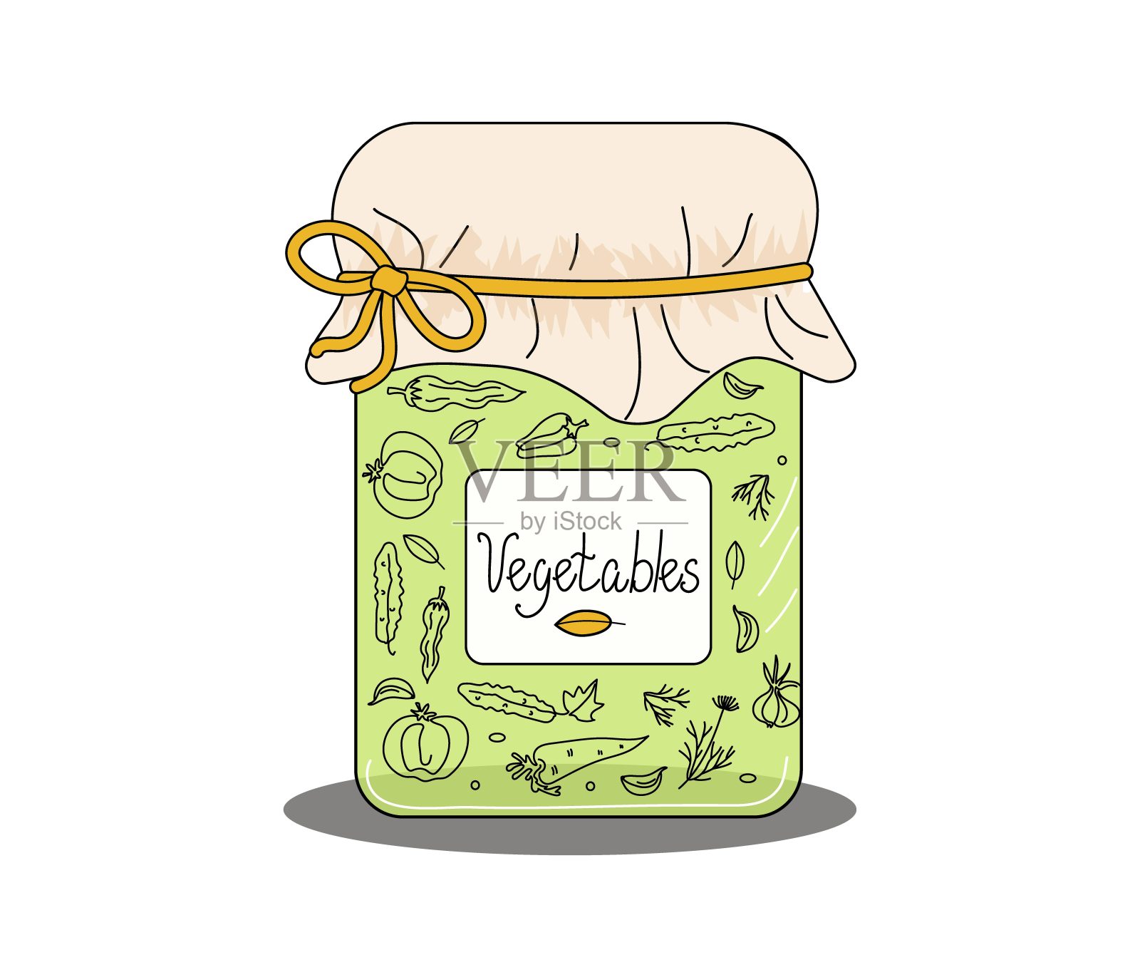 玻璃罐里的一套蔬菜。手绘的玻璃罐里装着蔬菜，用于菜单、食谱和烹饪课。有铭文的贴纸。涂鸦风格的罐装蔬菜。食物和饮料。抽象的自然插图，孤立的背景。插画图片素材
