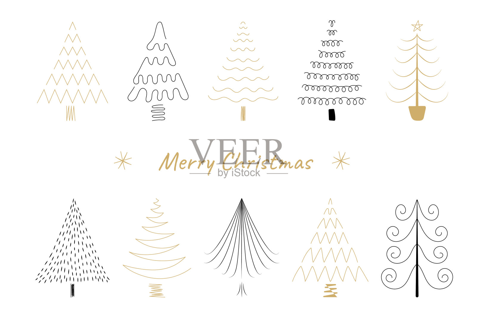 圣诞树黑色和金色涂鸦手绘矢量图标插画图片素材